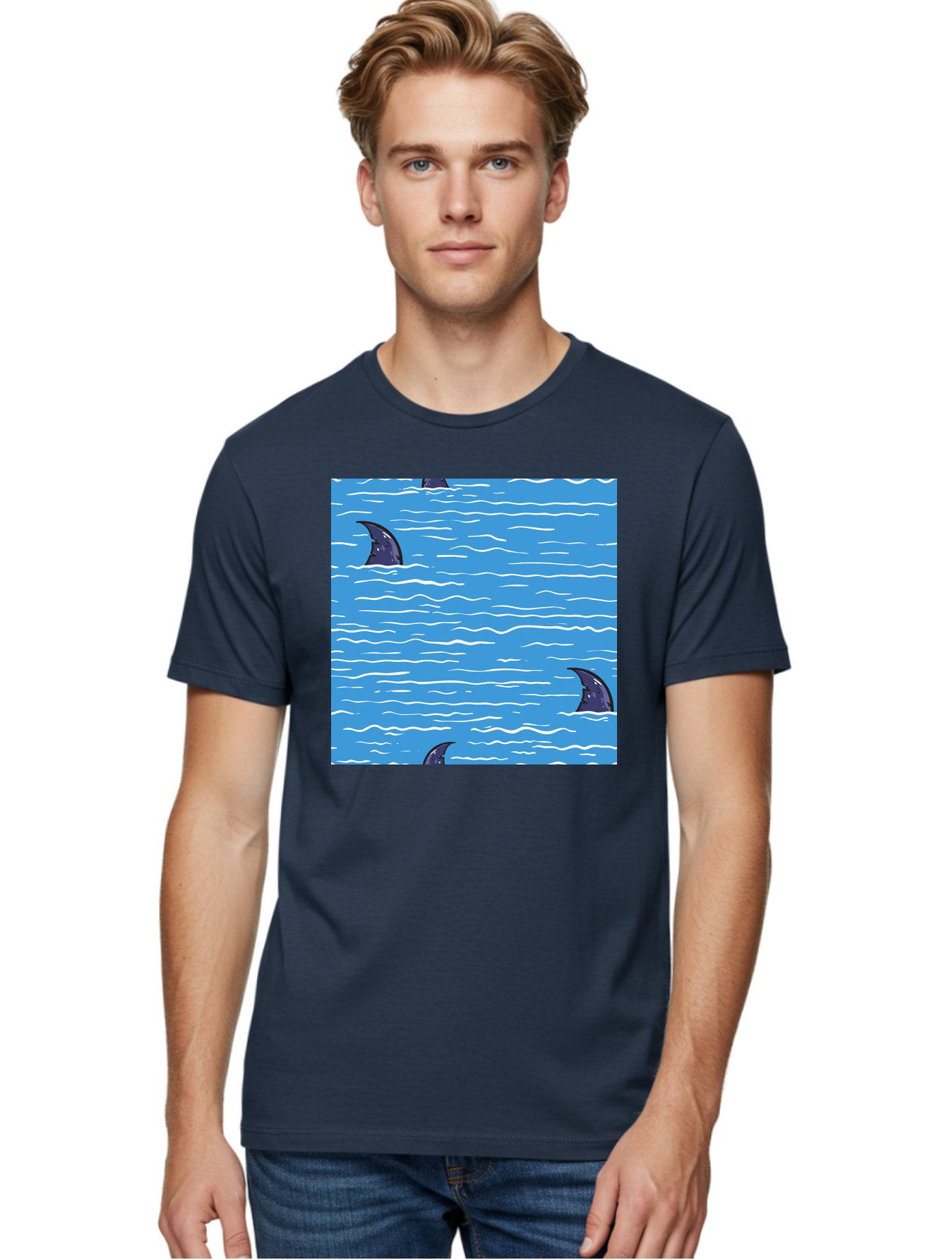 Shark-Fins Men'S Graphic Tee, 100% Cotton, Comfortable Casual Summer Wear, Machine Washable, Shark Fins In Water, Ocean Fins, Shark Attack, Marine Life, Blue Ocean, Wavy Sea, Shark Danger, Aquatic Scene Aac420 28