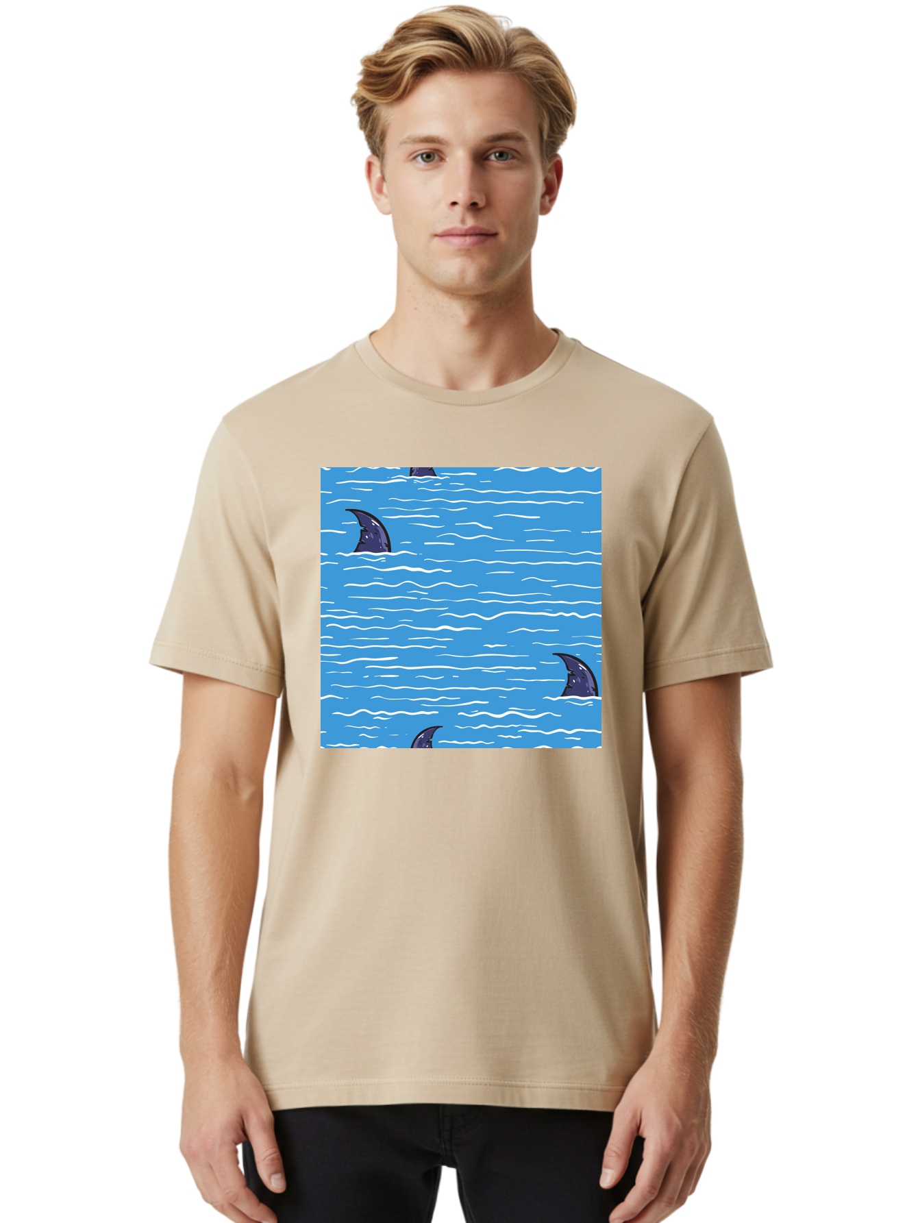 Shark-Fins Men'S Graphic Tee, 100% Cotton, Comfortable Casual Summer Wear, Machine Washable, Shark Fins In Water, Ocean Fins, Shark Attack, Marine Life, Blue Ocean, Wavy Sea, Shark Danger, Aquatic Scene Aac420 22