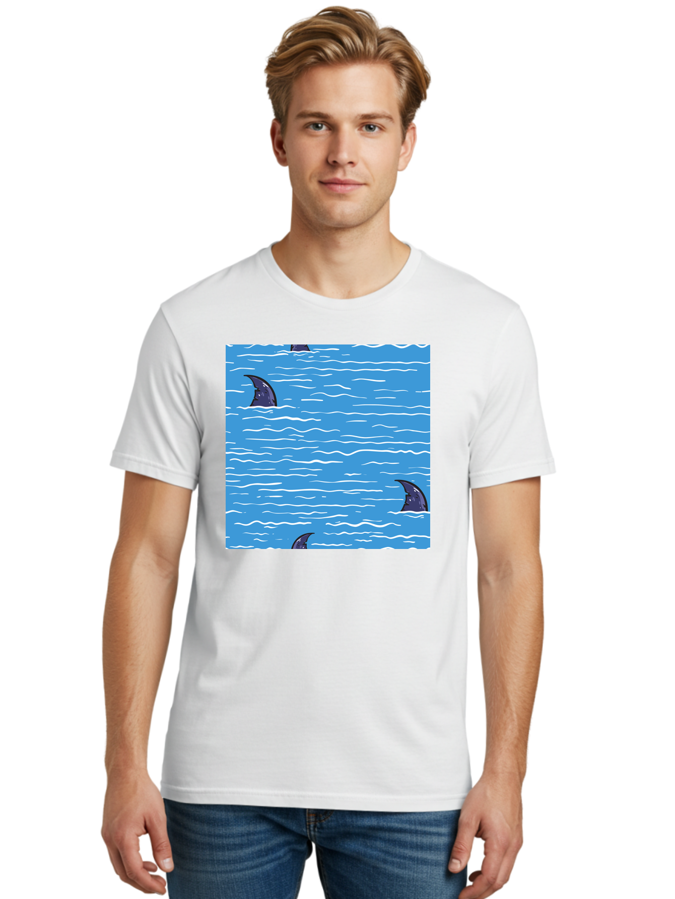 Shark-Fins Men'S Graphic Tee, 100% Cotton, Comfortable Casual Summer Wear, Machine Washable, Shark Fins In Water, Ocean Fins, Shark Attack, Marine Life, Blue Ocean, Wavy Sea, Shark Danger, Aquatic Scene Aac420 30