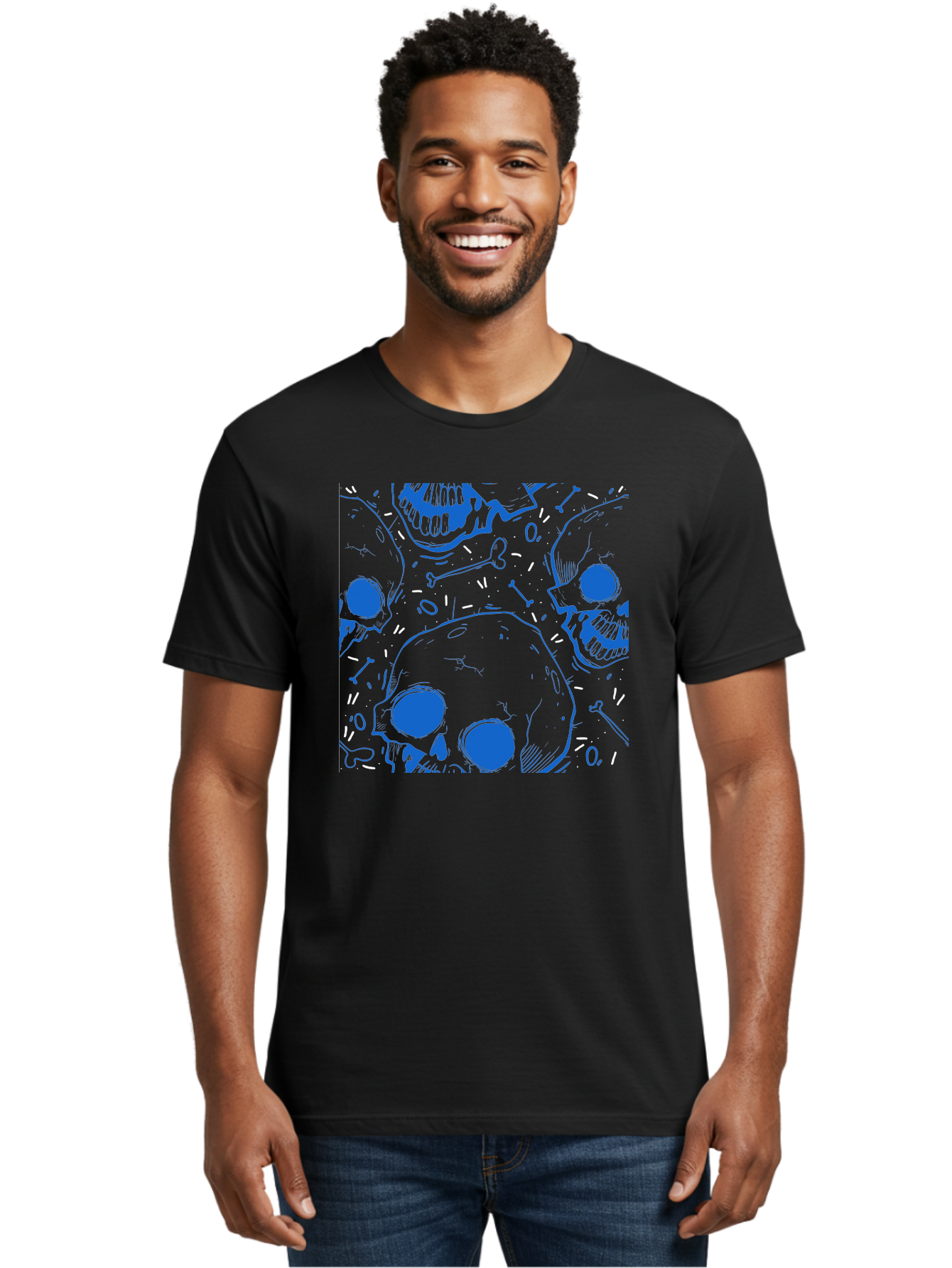 Skulls-And-Bones Men'S Graphic Tee, 100% Cotton, Comfortable Casual Summer Wear, Machine Washable, Skulls, Bones, Seamless Pattern, Gothic Design, Grunge Style, Tattoo Art, Yellow And Blue Hues, Graphic Print, Edgy Aesthetic, Skull Motif Aac421 8