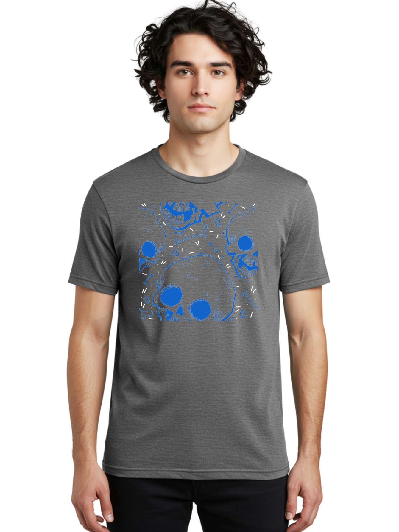 Skulls-And-Bones Men'S Graphic Tee, 100% Cotton, Comfortable Casual Summer Wear, Machine Washable, Skulls, Bones, Seamless Pattern, Gothic Design, Grunge Style, Tattoo Art, Yellow And Blue Hues, Graphic Print, Edgy Aesthetic, Skull Motif Aac421 12