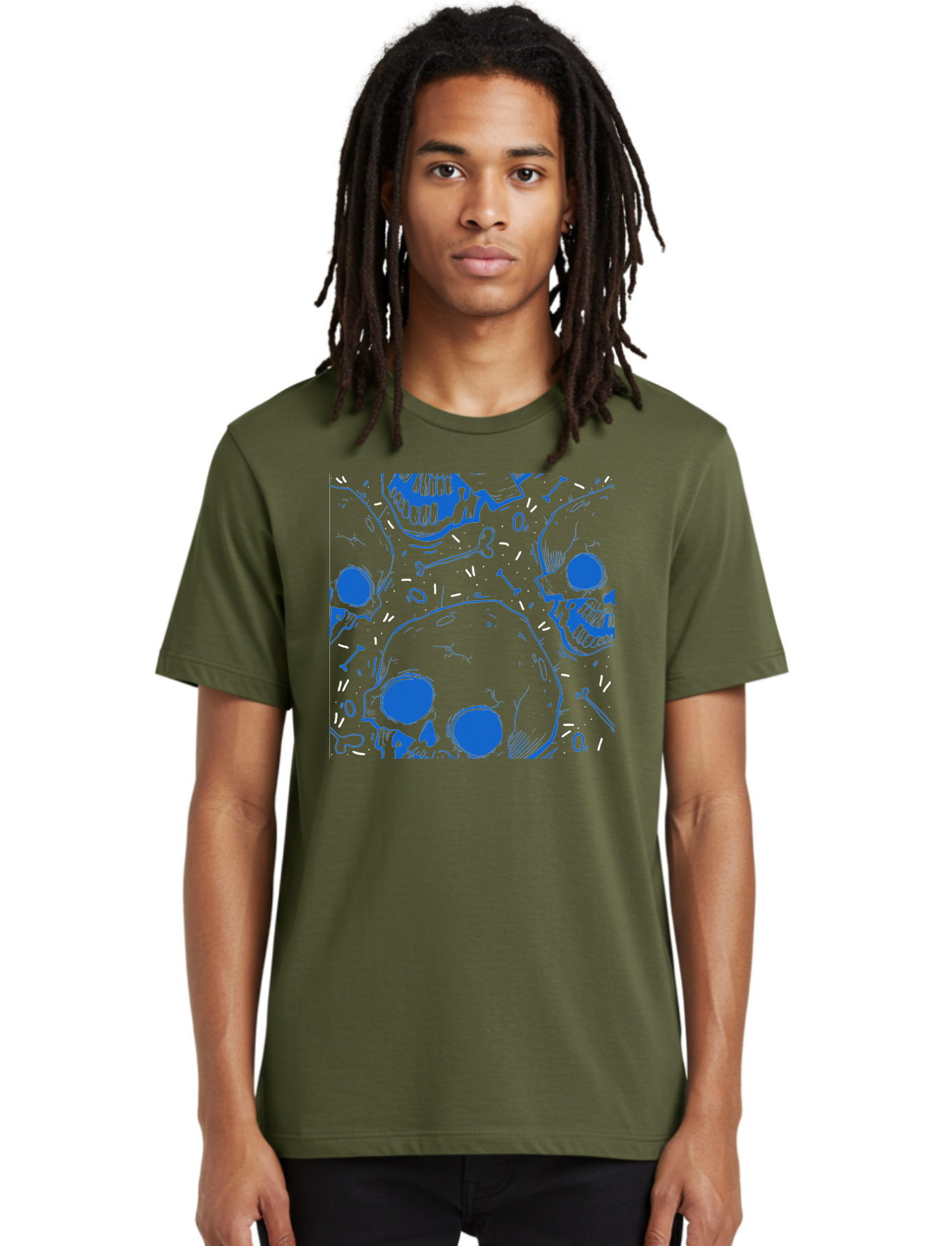 Skulls-And-Bones Men'S Graphic Tee, 100% Cotton, Comfortable Casual Summer Wear, Machine Washable, Skulls, Bones, Seamless Pattern, Gothic Design, Grunge Style, Tattoo Art, Yellow And Blue Hues, Graphic Print, Edgy Aesthetic, Skull Motif Aac421 20