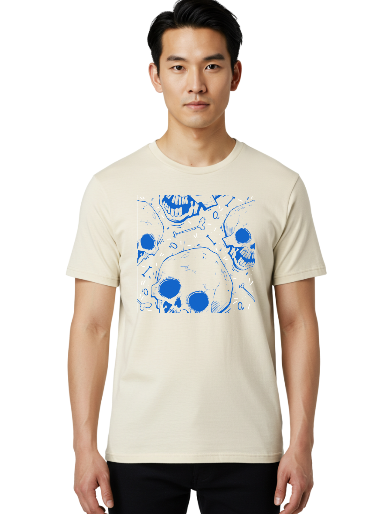 Skulls-And-Bones Men'S Graphic Tee, 100% Cotton, Comfortable Casual Summer Wear, Machine Washable, Skulls, Bones, Seamless Pattern, Gothic Design, Grunge Style, Tattoo Art, Yellow And Blue Hues, Graphic Print, Edgy Aesthetic, Skull Motif Aac421 28