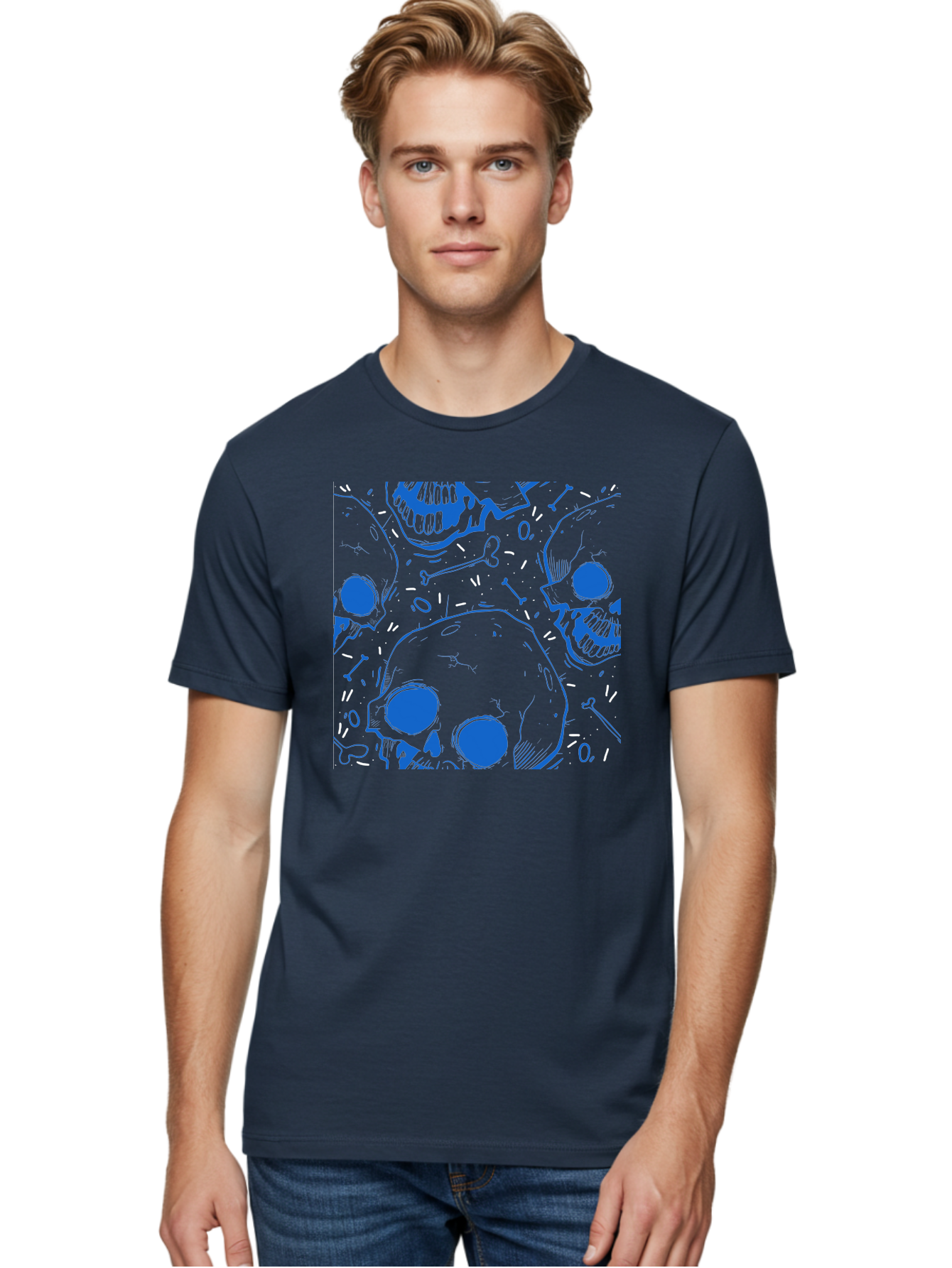 Skulls-And-Bones Men'S Graphic Tee, 100% Cotton, Comfortable Casual Summer Wear, Machine Washable, Skulls, Bones, Seamless Pattern, Gothic Design, Grunge Style, Tattoo Art, Yellow And Blue Hues, Graphic Print, Edgy Aesthetic, Skull Motif Aac421 2