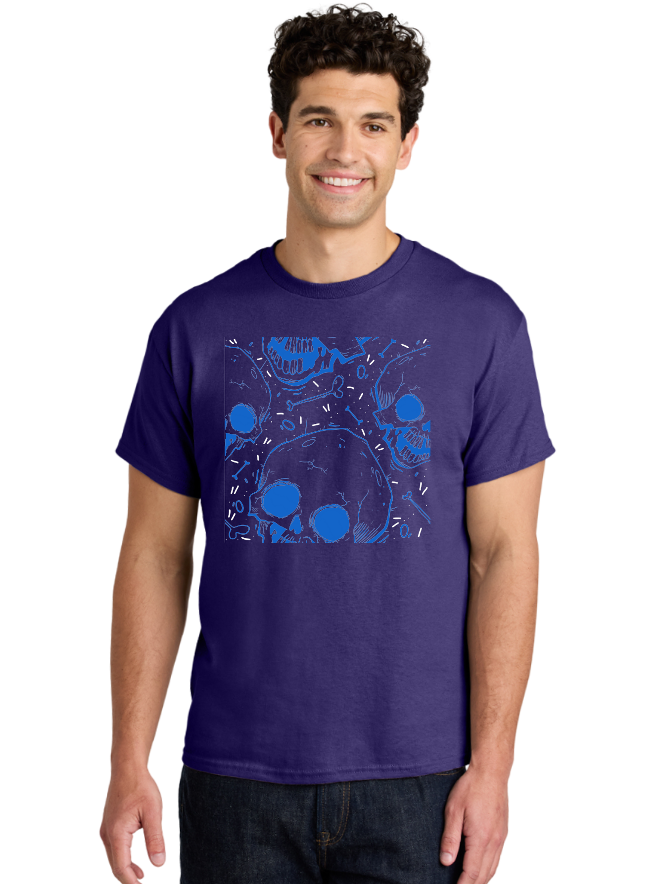 Skulls-And-Bones Men'S Graphic Tee, 100% Cotton, Comfortable Casual Summer Wear, Machine Washable, Skulls, Bones, Seamless Pattern, Gothic Design, Grunge Style, Tattoo Art, Yellow And Blue Hues, Graphic Print, Edgy Aesthetic, Skull Motif Aac421 14