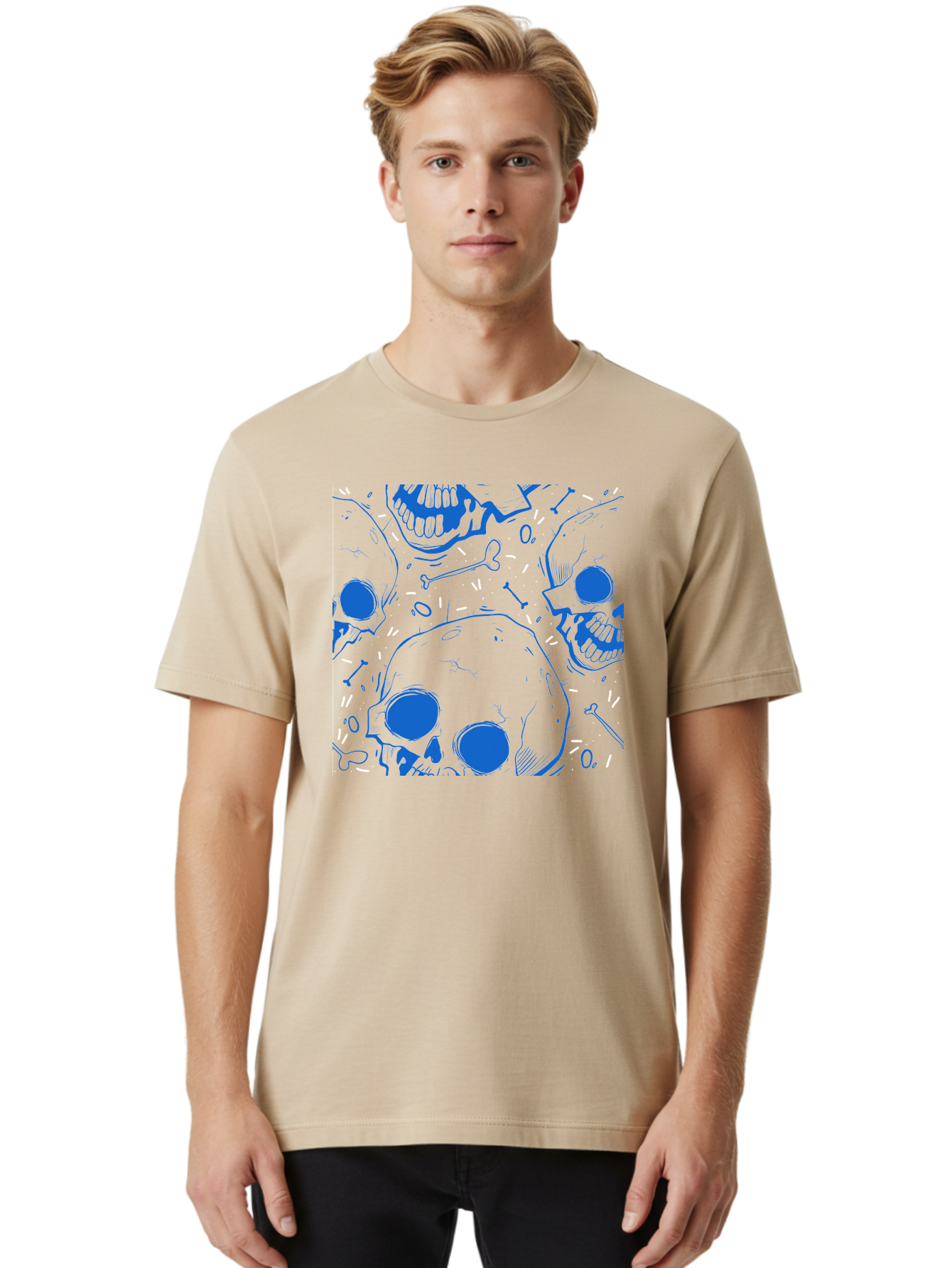Skulls-And-Bones Men'S Graphic Tee, 100% Cotton, Comfortable Casual Summer Wear, Machine Washable, Skulls, Bones, Seamless Pattern, Gothic Design, Grunge Style, Tattoo Art, Yellow And Blue Hues, Graphic Print, Edgy Aesthetic, Skull Motif Aac421 16
