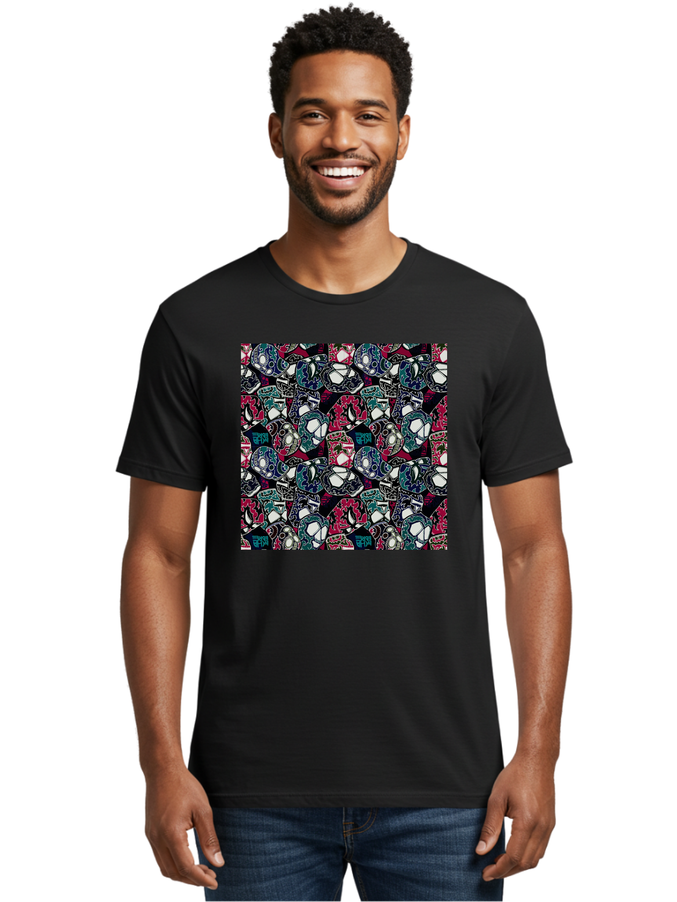 Sugar-Skull-Pattern Men'S Graphic Tee, 100% Cotton, Comfortable Casual Summer Wear, Machine Washable, Sugar Skulls, Colorful Skulls, Day Of The Dead, Mexican Culture, Ornate Designs, Floral Patterns, Vibrant Colors, Festive Atmosphere, Aac422 24