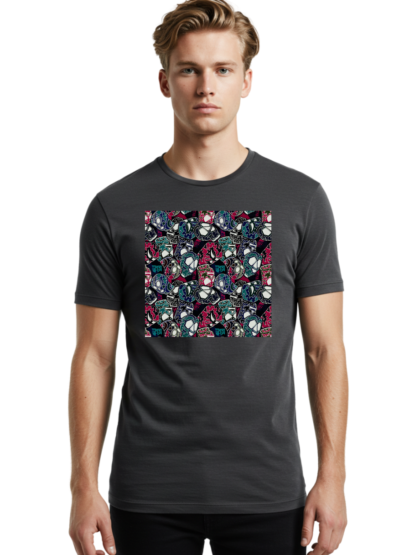 Sugar-Skull-Pattern Men'S Graphic Tee, 100% Cotton, Comfortable Casual Summer Wear, Machine Washable, Sugar Skulls, Colorful Skulls, Day Of The Dead, Mexican Culture, Ornate Designs, Floral Patterns, Vibrant Colors, Festive Atmosphere, Aac422 30