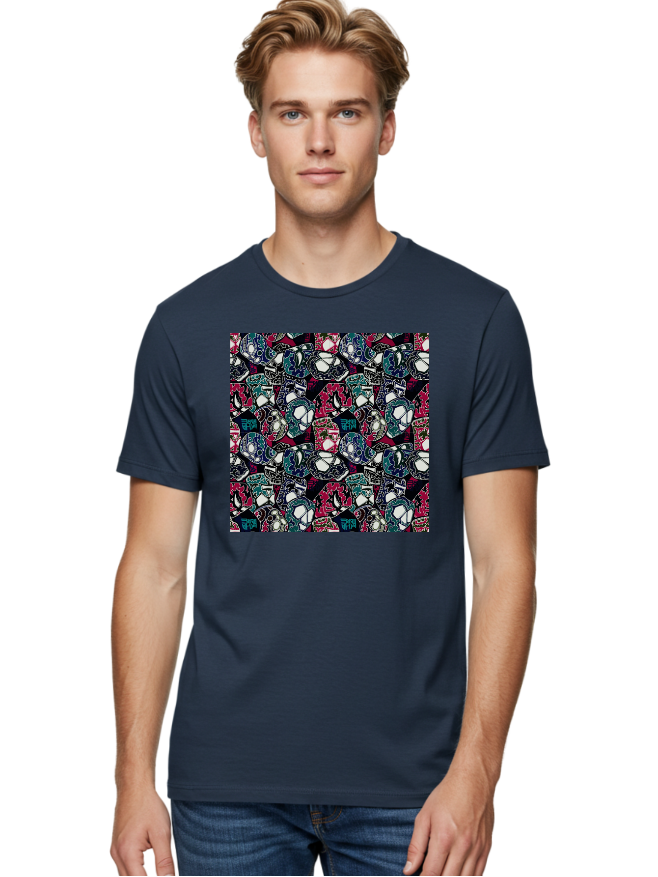 Sugar-Skull-Pattern Men'S Graphic Tee, 100% Cotton, Comfortable Casual Summer Wear, Machine Washable, Sugar Skulls, Colorful Skulls, Day Of The Dead, Mexican Culture, Ornate Designs, Floral Patterns, Vibrant Colors, Festive Atmosphere, Aac422 2