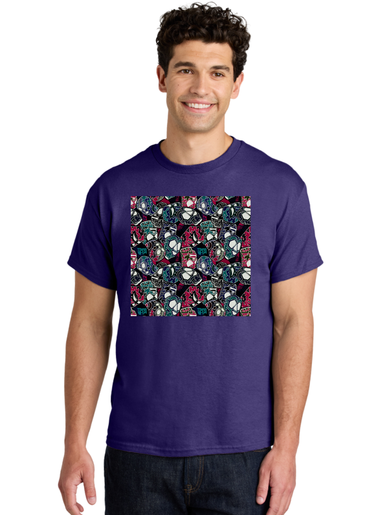 Sugar-Skull-Pattern Men'S Graphic Tee, 100% Cotton, Comfortable Casual Summer Wear, Machine Washable, Sugar Skulls, Colorful Skulls, Day Of The Dead, Mexican Culture, Ornate Designs, Floral Patterns, Vibrant Colors, Festive Atmosphere, Aac422 20