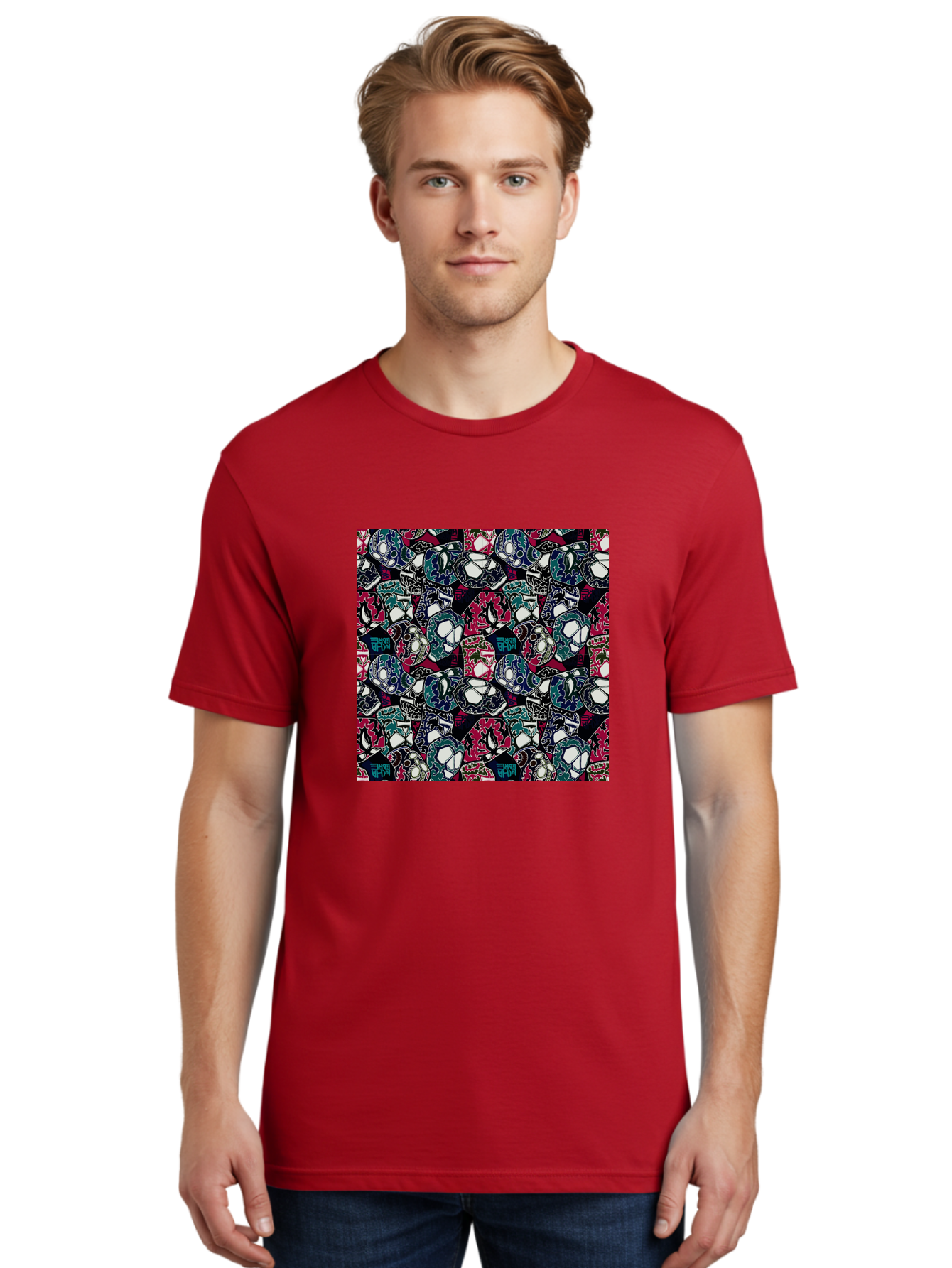 Sugar-Skull-Pattern Men'S Graphic Tee, 100% Cotton, Comfortable Casual Summer Wear, Machine Washable, Sugar Skulls, Colorful Skulls, Day Of The Dead, Mexican Culture, Ornate Designs, Floral Patterns, Vibrant Colors, Festive Atmosphere, Aac422 18