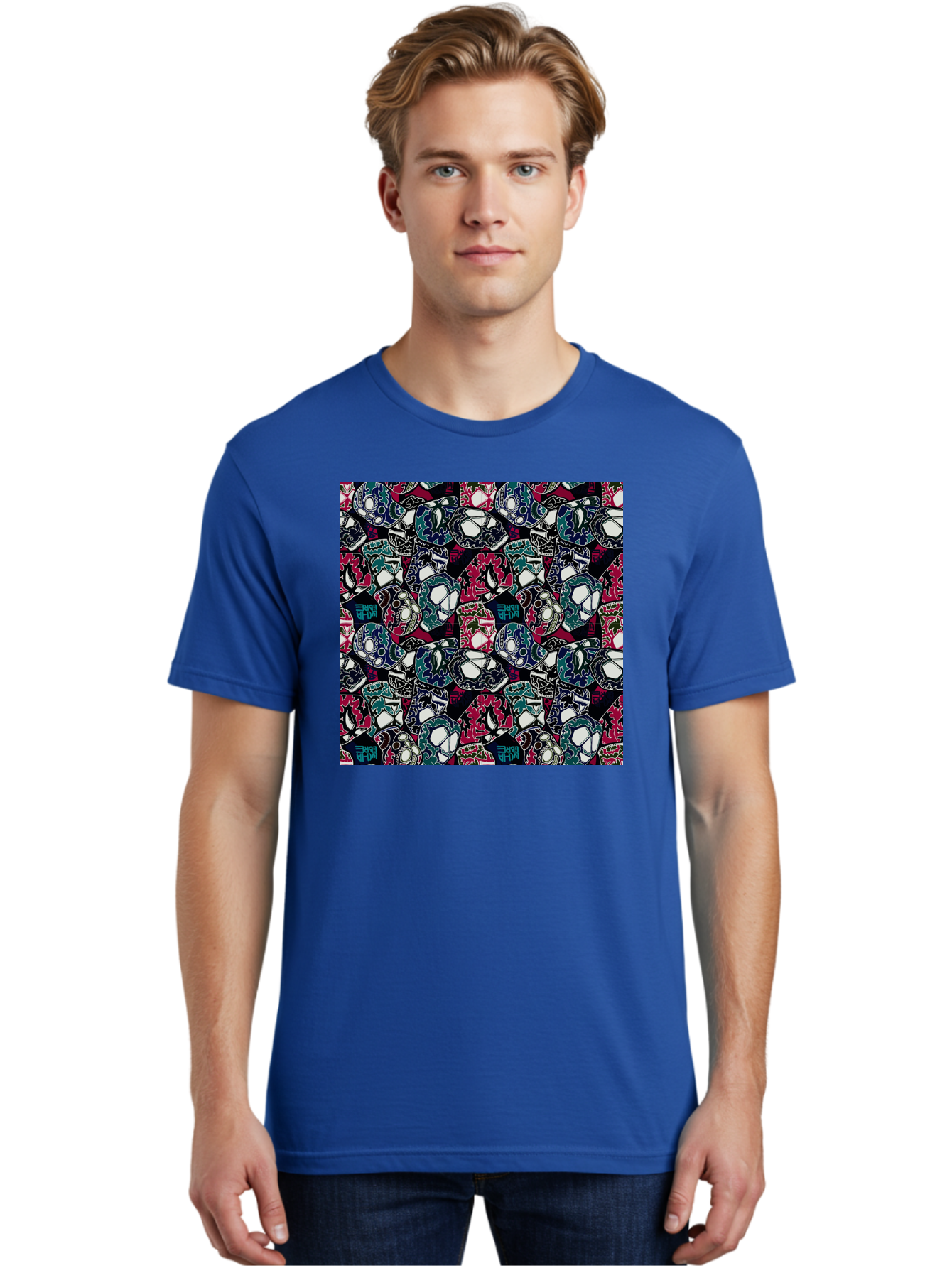Sugar-Skull-Pattern Men'S Graphic Tee, 100% Cotton, Comfortable Casual Summer Wear, Machine Washable, Sugar Skulls, Colorful Skulls, Day Of The Dead, Mexican Culture, Ornate Designs, Floral Patterns, Vibrant Colors, Festive Atmosphere, Aac422 12