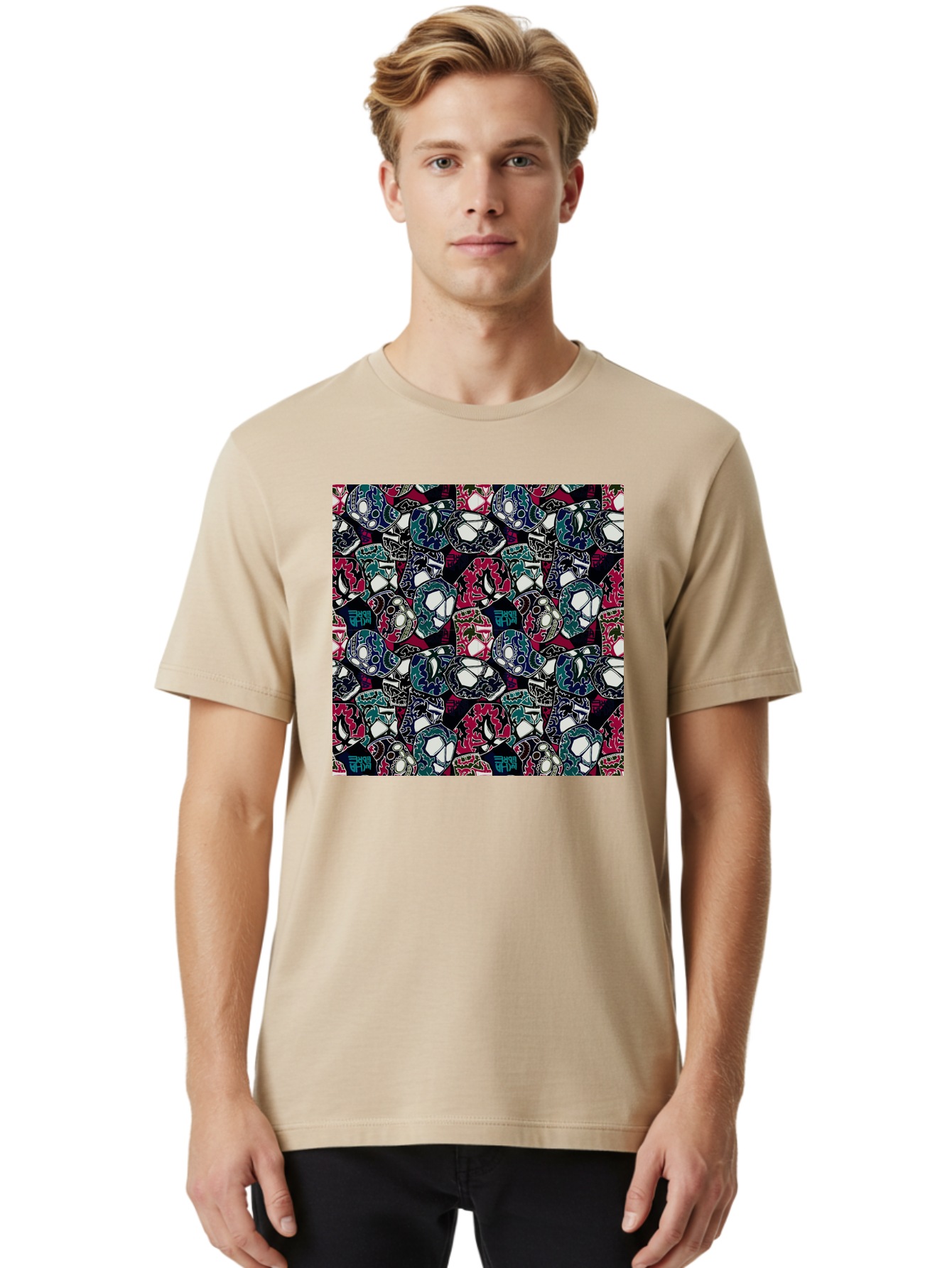 Sugar-Skull-Pattern Men'S Graphic Tee, 100% Cotton, Comfortable Casual Summer Wear, Machine Washable, Sugar Skulls, Colorful Skulls, Day Of The Dead, Mexican Culture, Ornate Designs, Floral Patterns, Vibrant Colors, Festive Atmosphere, Aac422 28