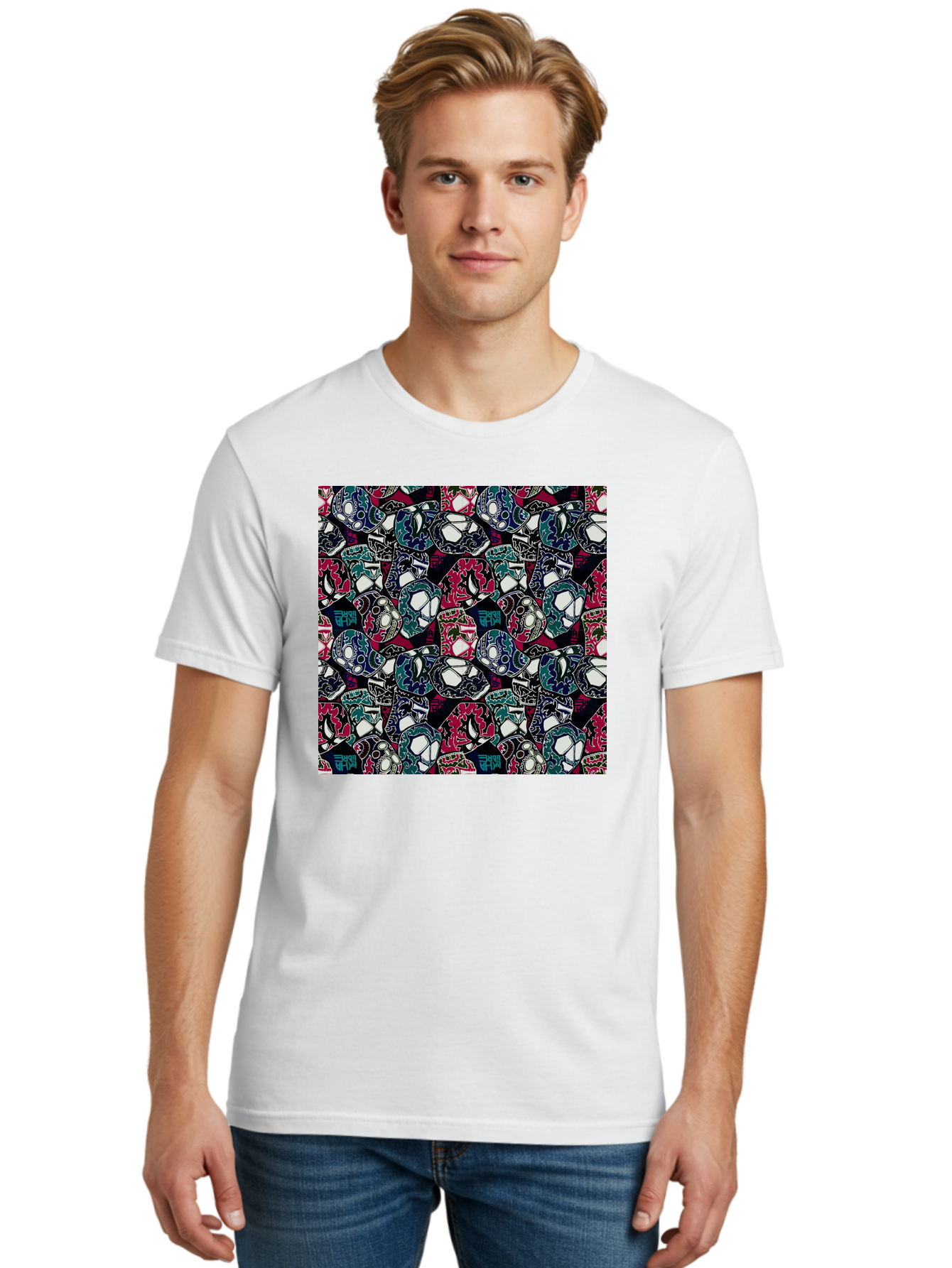 Sugar-Skull-Pattern Men'S Graphic Tee, 100% Cotton, Comfortable Casual Summer Wear, Machine Washable, Sugar Skulls, Colorful Skulls, Day Of The Dead, Mexican Culture, Ornate Designs, Floral Patterns, Vibrant Colors, Festive Atmosphere, Aac422 8