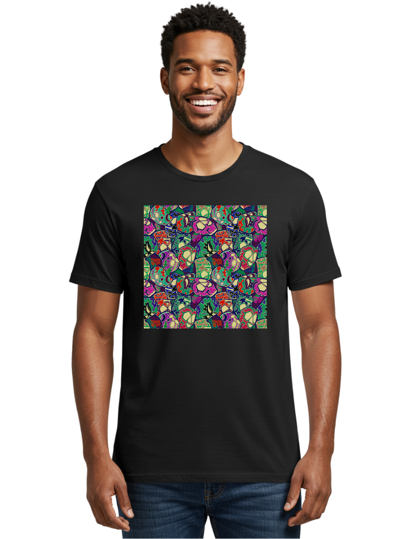 Sugar-Skulls Men'S Graphic Tee, 100% Cotton, Comfortable Casual Summer Wear, Machine Washable, Sugar Skulls, Colorful Designs, Vibrant Patterns, Dia De Los Muertos, Festive Atmosphere, Artistic Expression, Cultural Heritage, Intricate Details, Aac423 24