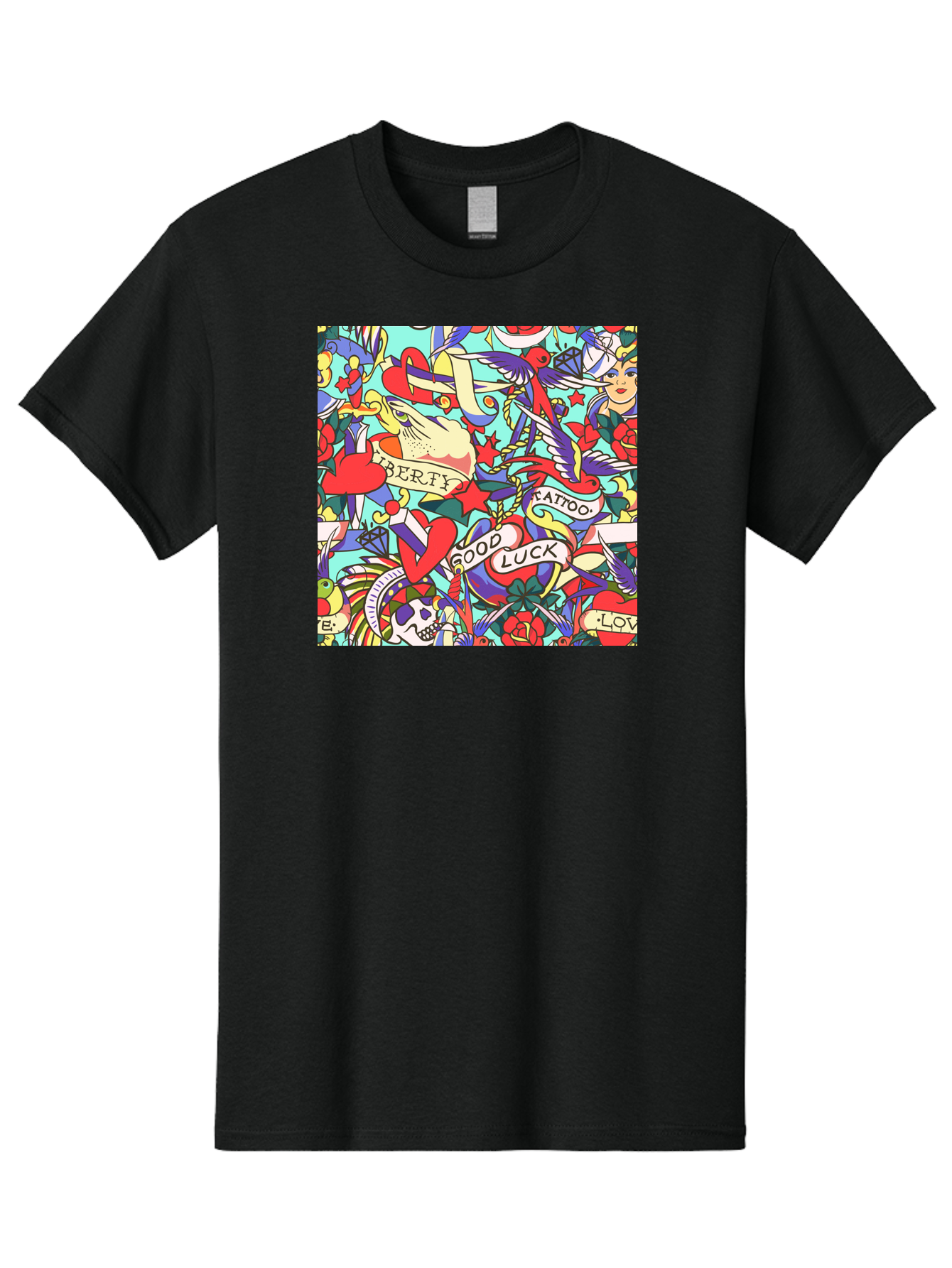 Tattoo-Pattern Men'S Graphic Tee, 100% Cotton, Comfortable Casual Summer Wear, Machine Washable, Vintage Tattoo Designs, Colorful Illustrations, Nautical Symbols, Love Hearts, Doves, Lady Heads, Roses, Skulls, Stars, Feathers, Banners, Aac425 23