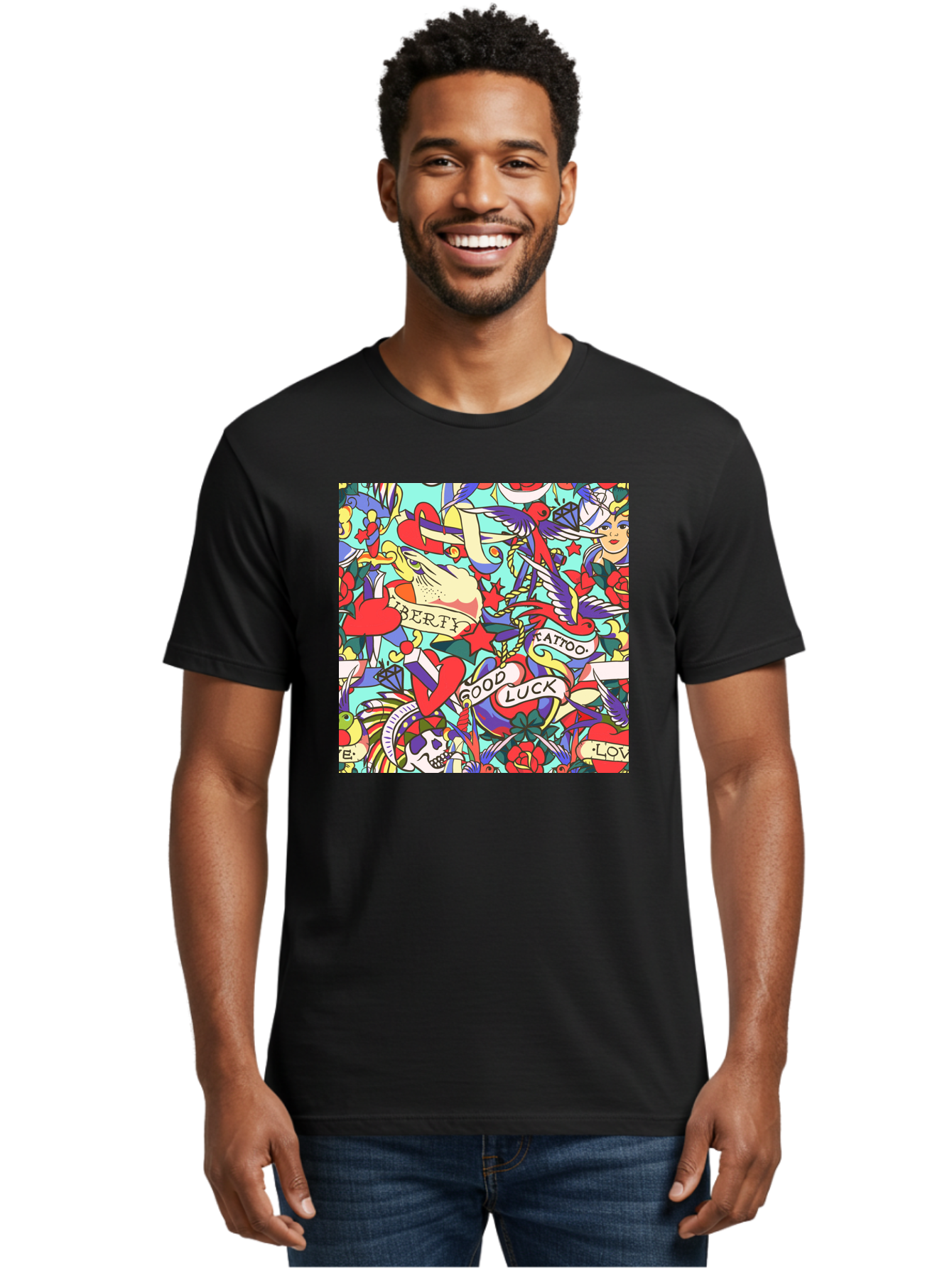 Tattoo-Pattern Men'S Graphic Tee, 100% Cotton, Comfortable Casual Summer Wear, Machine Washable, Vintage Tattoo Designs, Colorful Illustrations, Nautical Symbols, Love Hearts, Doves, Lady Heads, Roses, Skulls, Stars, Feathers, Banners, Aac425 24