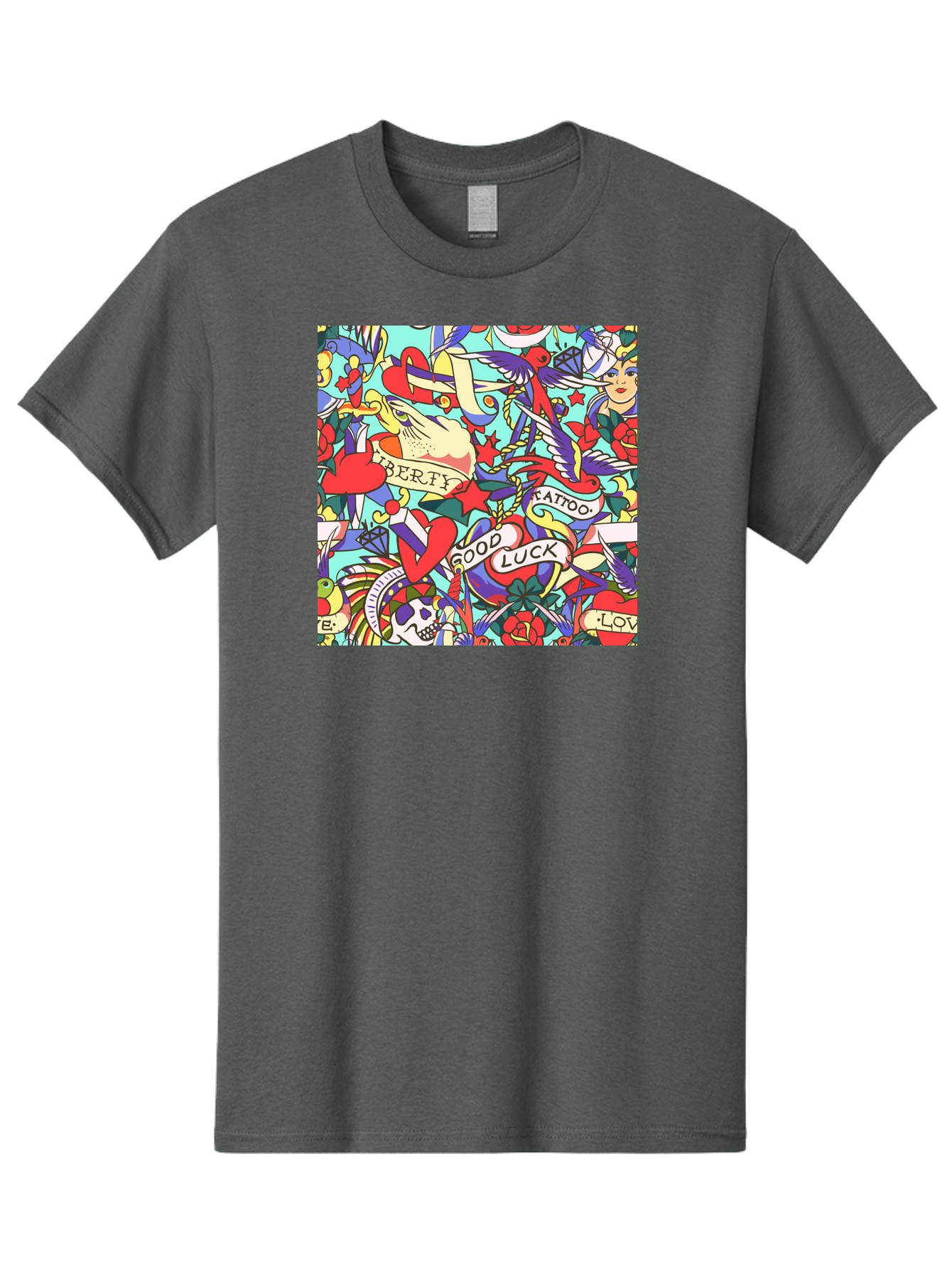 Tattoo-Pattern Men'S Graphic Tee, 100% Cotton, Comfortable Casual Summer Wear, Machine Washable, Vintage Tattoo Designs, Colorful Illustrations, Nautical Symbols, Love Hearts, Doves, Lady Heads, Roses, Skulls, Stars, Feathers, Banners, Aac425 15
