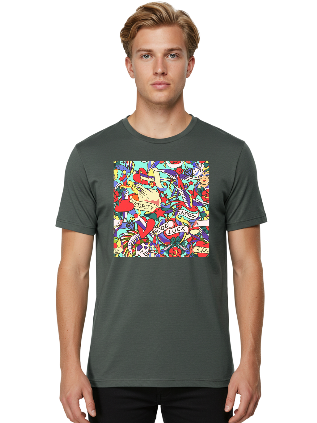 Tattoo-Pattern Men'S Graphic Tee, 100% Cotton, Comfortable Casual Summer Wear, Machine Washable, Vintage Tattoo Designs, Colorful Illustrations, Nautical Symbols, Love Hearts, Doves, Lady Heads, Roses, Skulls, Stars, Feathers, Banners, Aac425 16