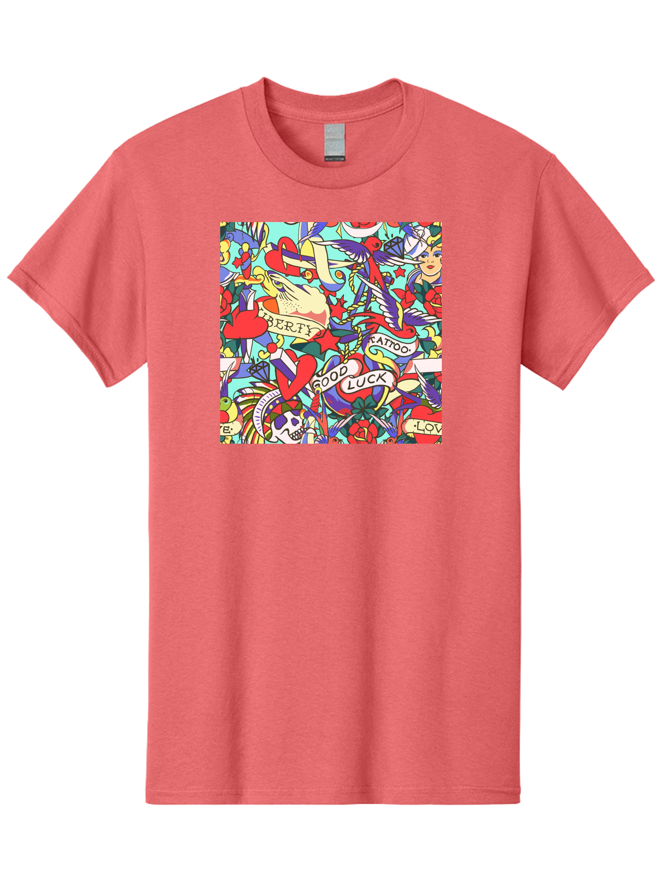 Tattoo-Pattern Men'S Graphic Tee, 100% Cotton, Comfortable Casual Summer Wear, Machine Washable, Vintage Tattoo Designs, Colorful Illustrations, Nautical Symbols, Love Hearts, Doves, Lady Heads, Roses, Skulls, Stars, Feathers, Banners, Aac425 21