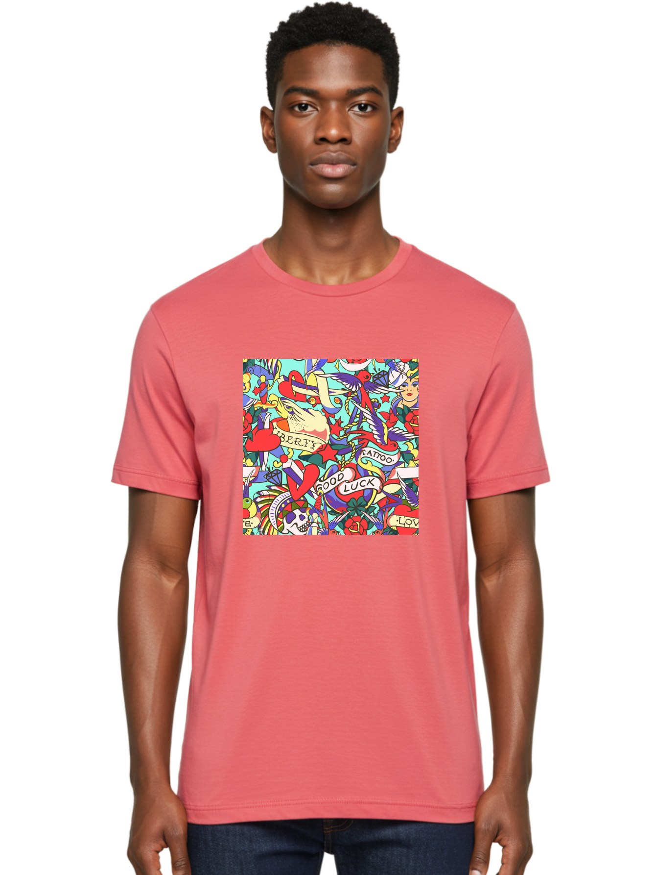 Tattoo-Pattern Men'S Graphic Tee, 100% Cotton, Comfortable Casual Summer Wear, Machine Washable, Vintage Tattoo Designs, Colorful Illustrations, Nautical Symbols, Love Hearts, Doves, Lady Heads, Roses, Skulls, Stars, Feathers, Banners, Aac425 22
