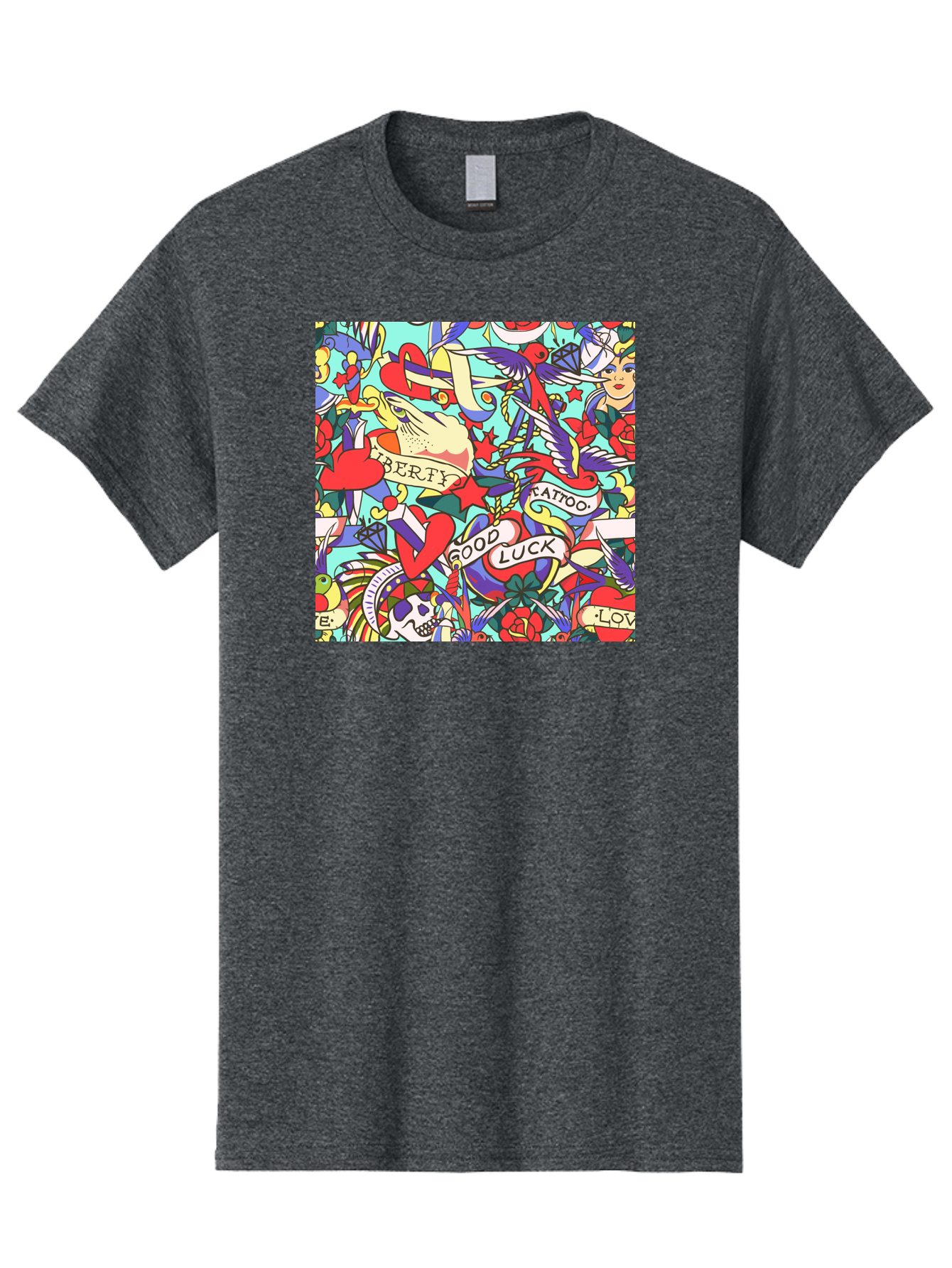 Tattoo-Pattern Men'S Graphic Tee, 100% Cotton, Comfortable Casual Summer Wear, Machine Washable, Vintage Tattoo Designs, Colorful Illustrations, Nautical Symbols, Love Hearts, Doves, Lady Heads, Roses, Skulls, Stars, Feathers, Banners, Aac425 27