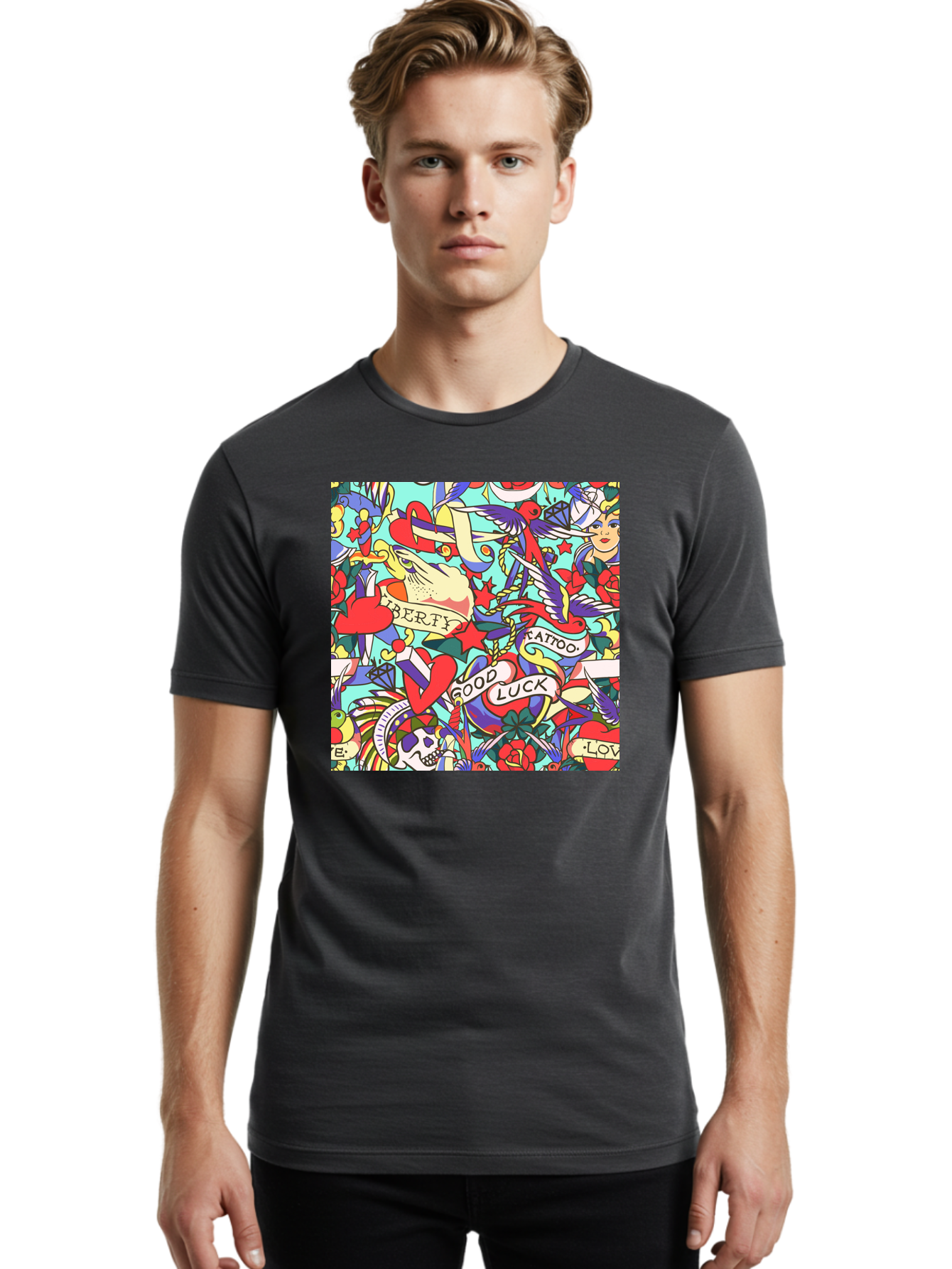 Tattoo-Pattern Men'S Graphic Tee, 100% Cotton, Comfortable Casual Summer Wear, Machine Washable, Vintage Tattoo Designs, Colorful Illustrations, Nautical Symbols, Love Hearts, Doves, Lady Heads, Roses, Skulls, Stars, Feathers, Banners, Aac425 28