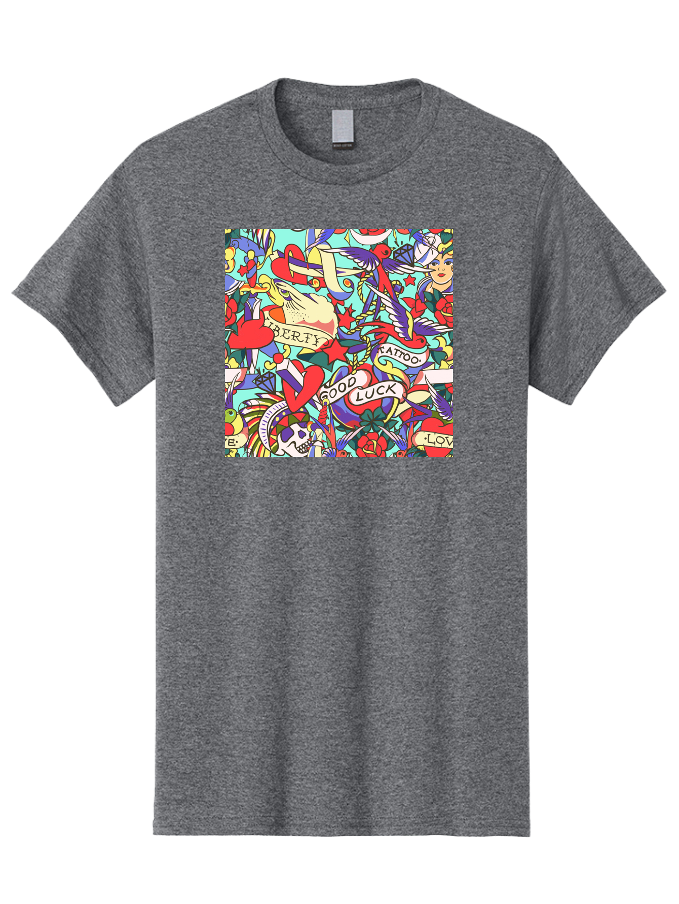 Tattoo-Pattern Men'S Graphic Tee, 100% Cotton, Comfortable Casual Summer Wear, Machine Washable, Vintage Tattoo Designs, Colorful Illustrations, Nautical Symbols, Love Hearts, Doves, Lady Heads, Roses, Skulls, Stars, Feathers, Banners, Aac425 7