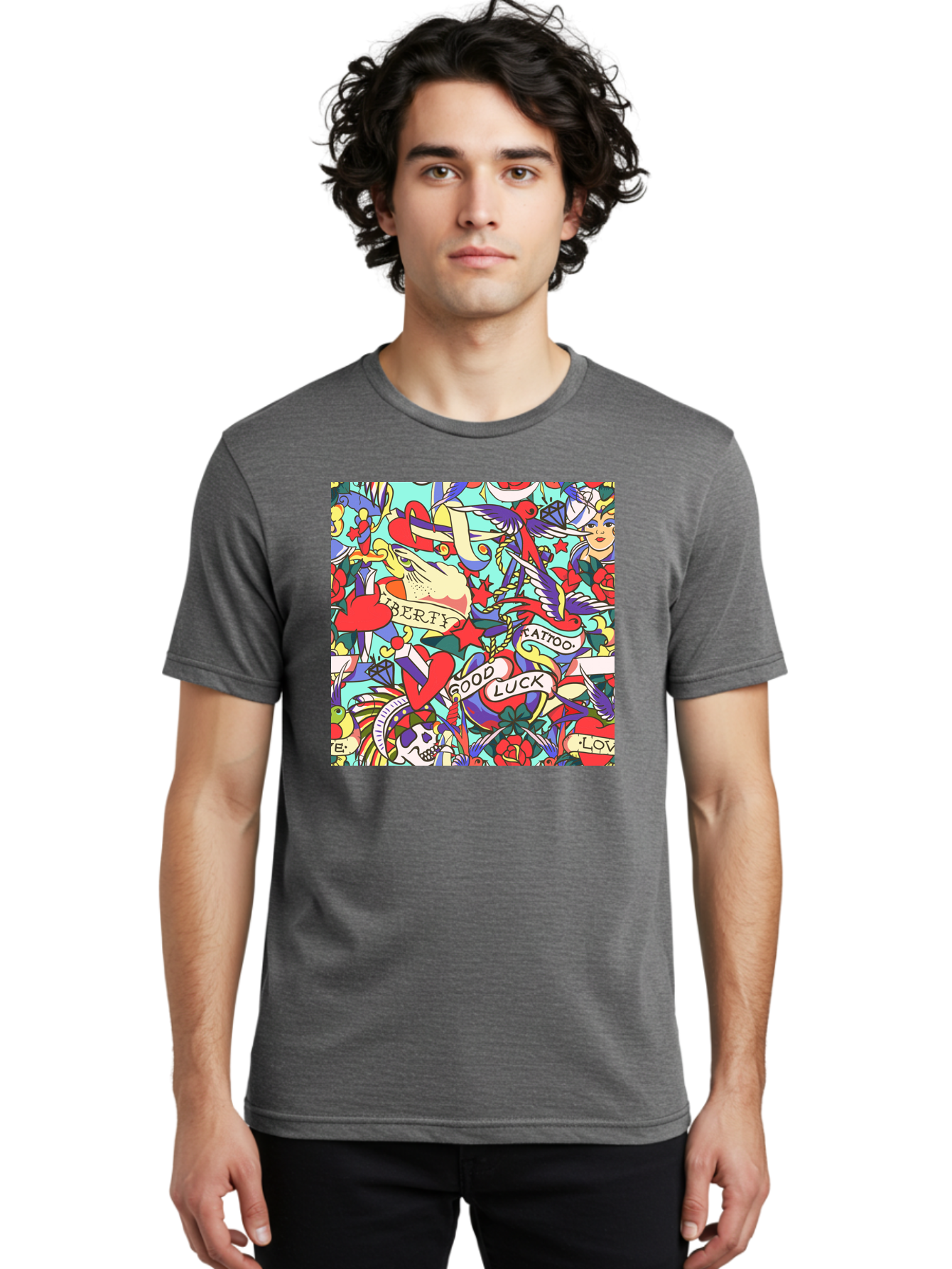Tattoo-Pattern Men'S Graphic Tee, 100% Cotton, Comfortable Casual Summer Wear, Machine Washable, Vintage Tattoo Designs, Colorful Illustrations, Nautical Symbols, Love Hearts, Doves, Lady Heads, Roses, Skulls, Stars, Feathers, Banners, Aac425 8