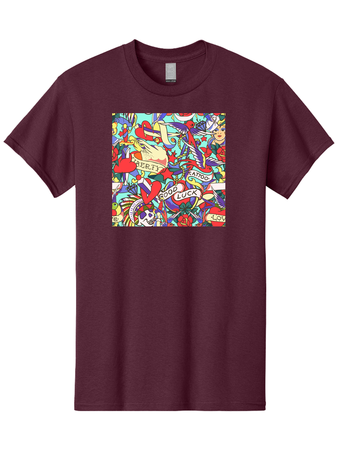 Tattoo-Pattern Men'S Graphic Tee, 100% Cotton, Comfortable Casual Summer Wear, Machine Washable, Vintage Tattoo Designs, Colorful Illustrations, Nautical Symbols, Love Hearts, Doves, Lady Heads, Roses, Skulls, Stars, Feathers, Banners, Aac425 9
