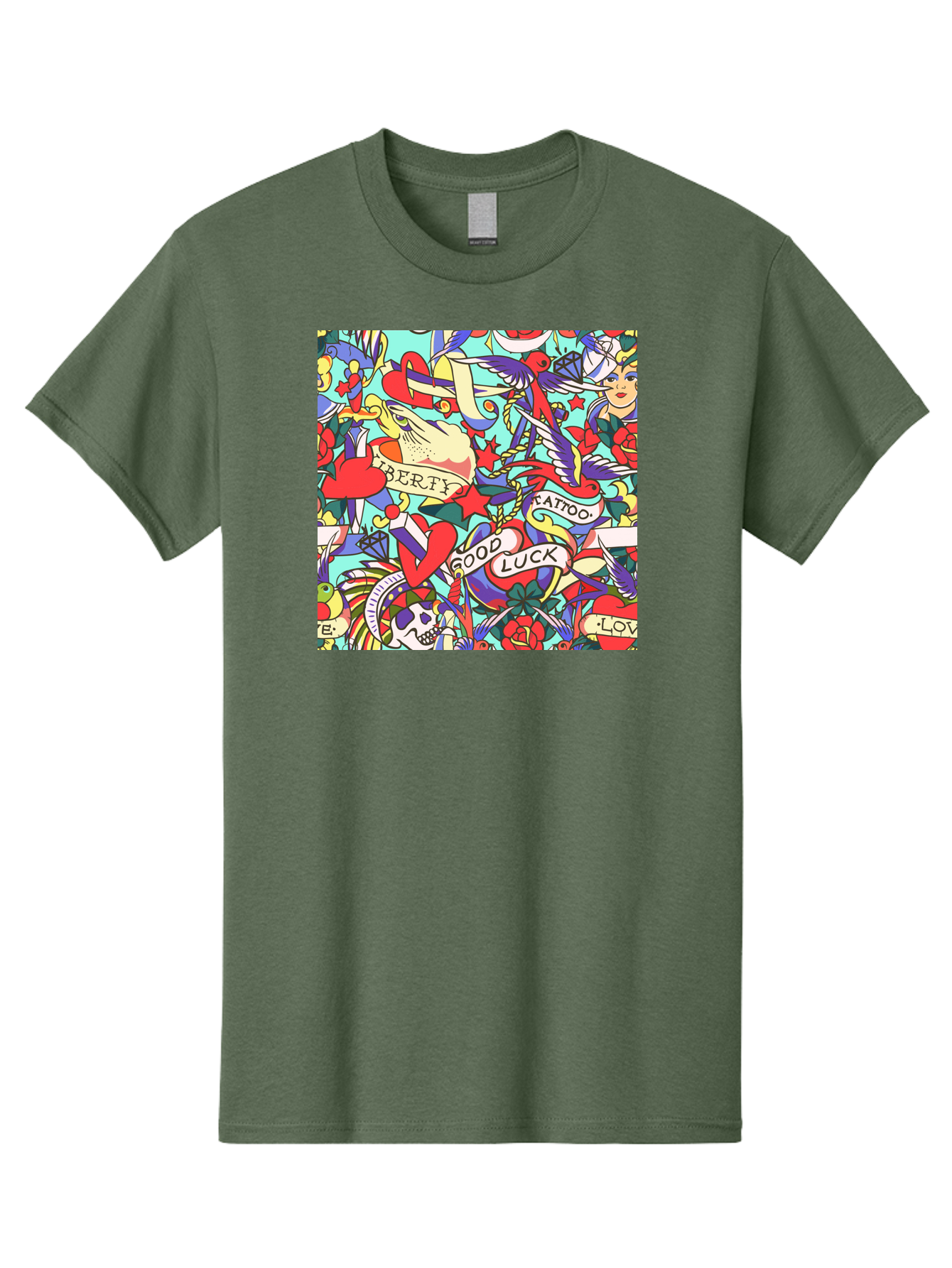 Tattoo-Pattern Men'S Graphic Tee, 100% Cotton, Comfortable Casual Summer Wear, Machine Washable, Vintage Tattoo Designs, Colorful Illustrations, Nautical Symbols, Love Hearts, Doves, Lady Heads, Roses, Skulls, Stars, Feathers, Banners, Aac425 13