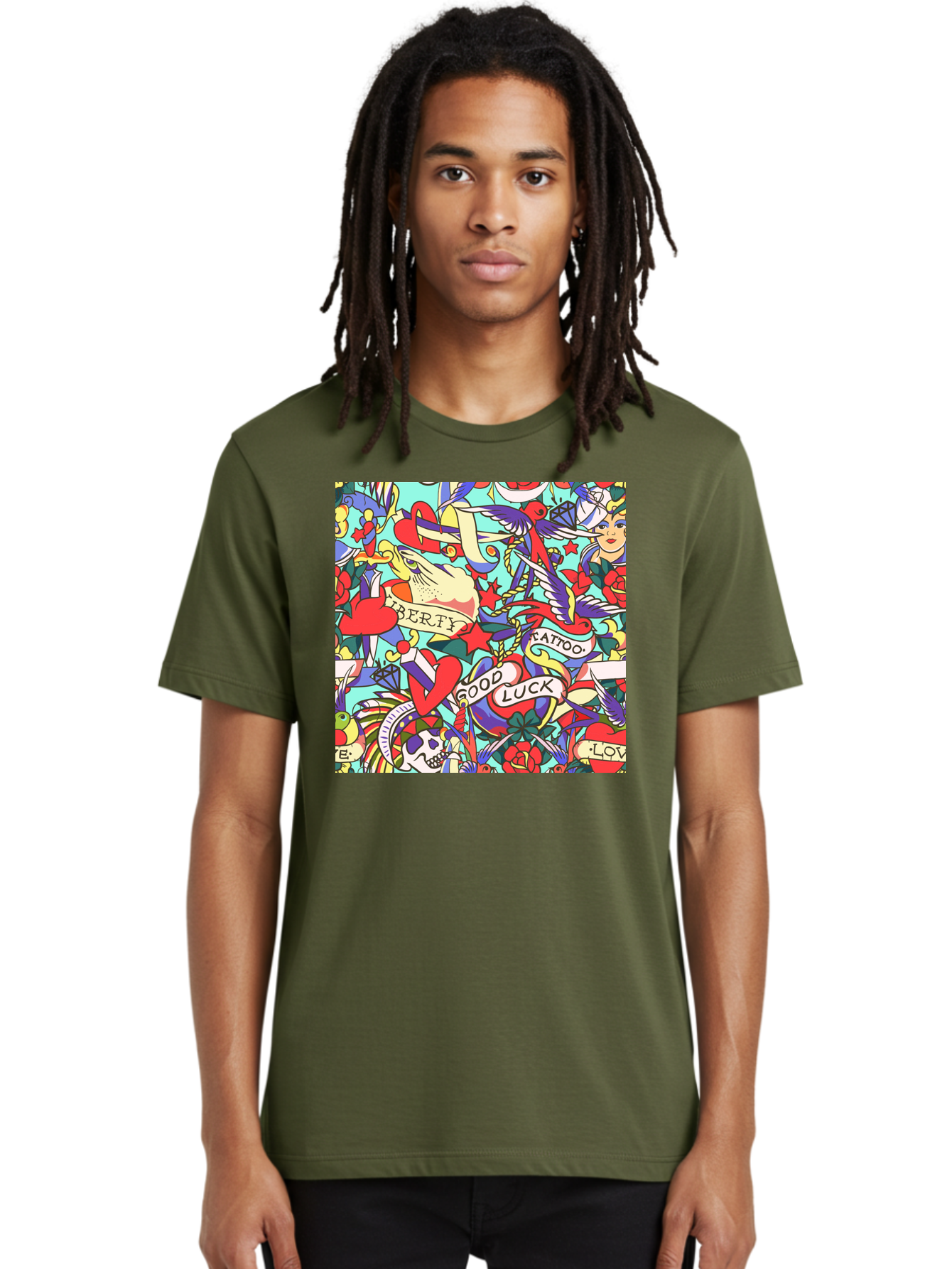 Tattoo-Pattern Men'S Graphic Tee, 100% Cotton, Comfortable Casual Summer Wear, Machine Washable, Vintage Tattoo Designs, Colorful Illustrations, Nautical Symbols, Love Hearts, Doves, Lady Heads, Roses, Skulls, Stars, Feathers, Banners, Aac425 14