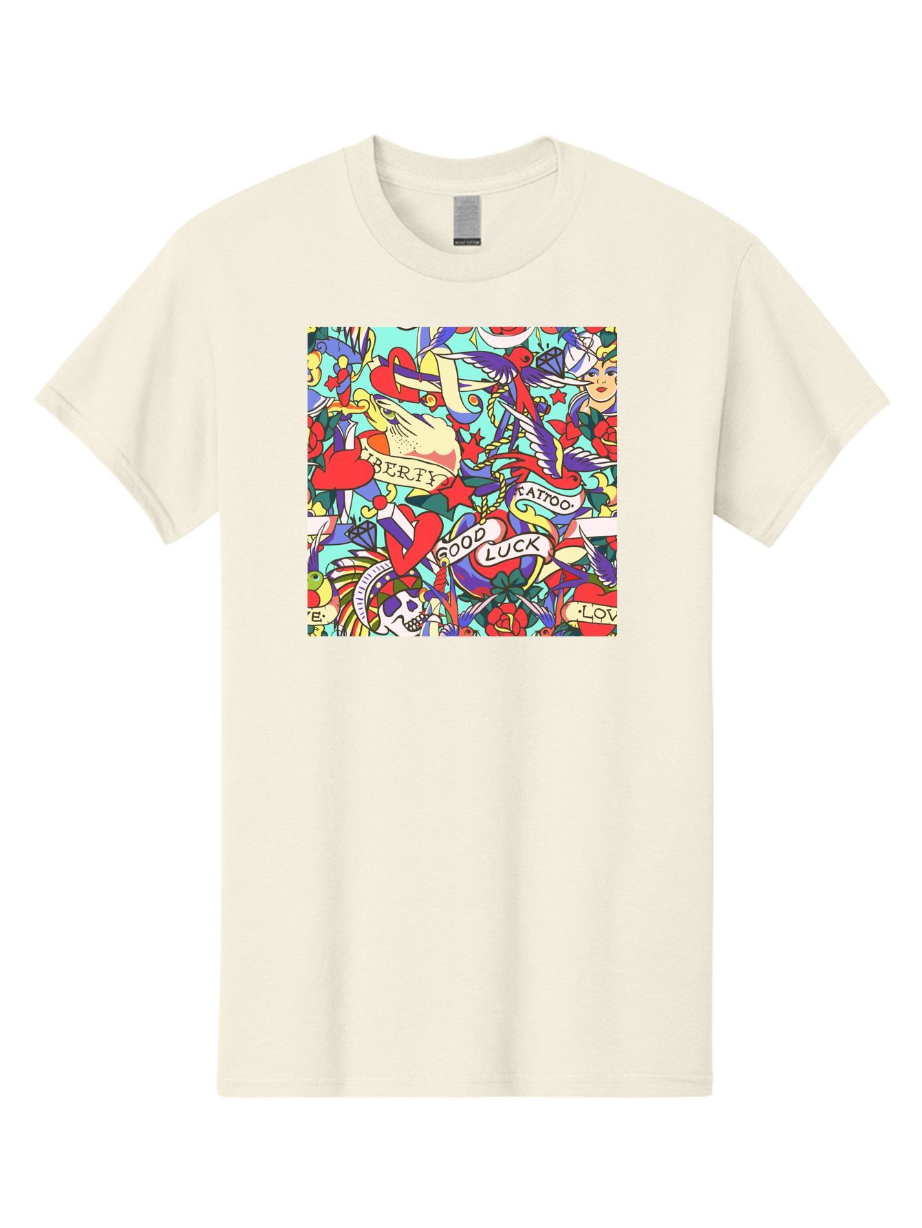 Tattoo-Pattern Men'S Graphic Tee, 100% Cotton, Comfortable Casual Summer Wear, Machine Washable, Vintage Tattoo Designs, Colorful Illustrations, Nautical Symbols, Love Hearts, Doves, Lady Heads, Roses, Skulls, Stars, Feathers, Banners, Aac425 11