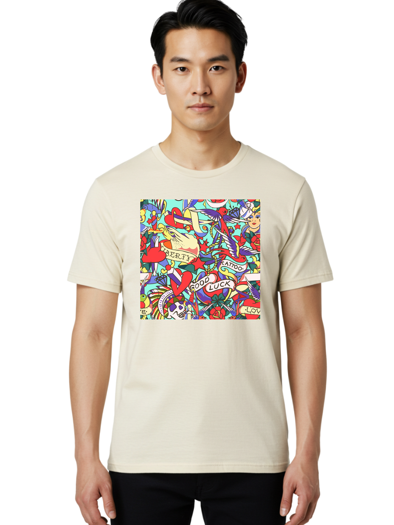 Tattoo-Pattern Men'S Graphic Tee, 100% Cotton, Comfortable Casual Summer Wear, Machine Washable, Vintage Tattoo Designs, Colorful Illustrations, Nautical Symbols, Love Hearts, Doves, Lady Heads, Roses, Skulls, Stars, Feathers, Banners, Aac425 12