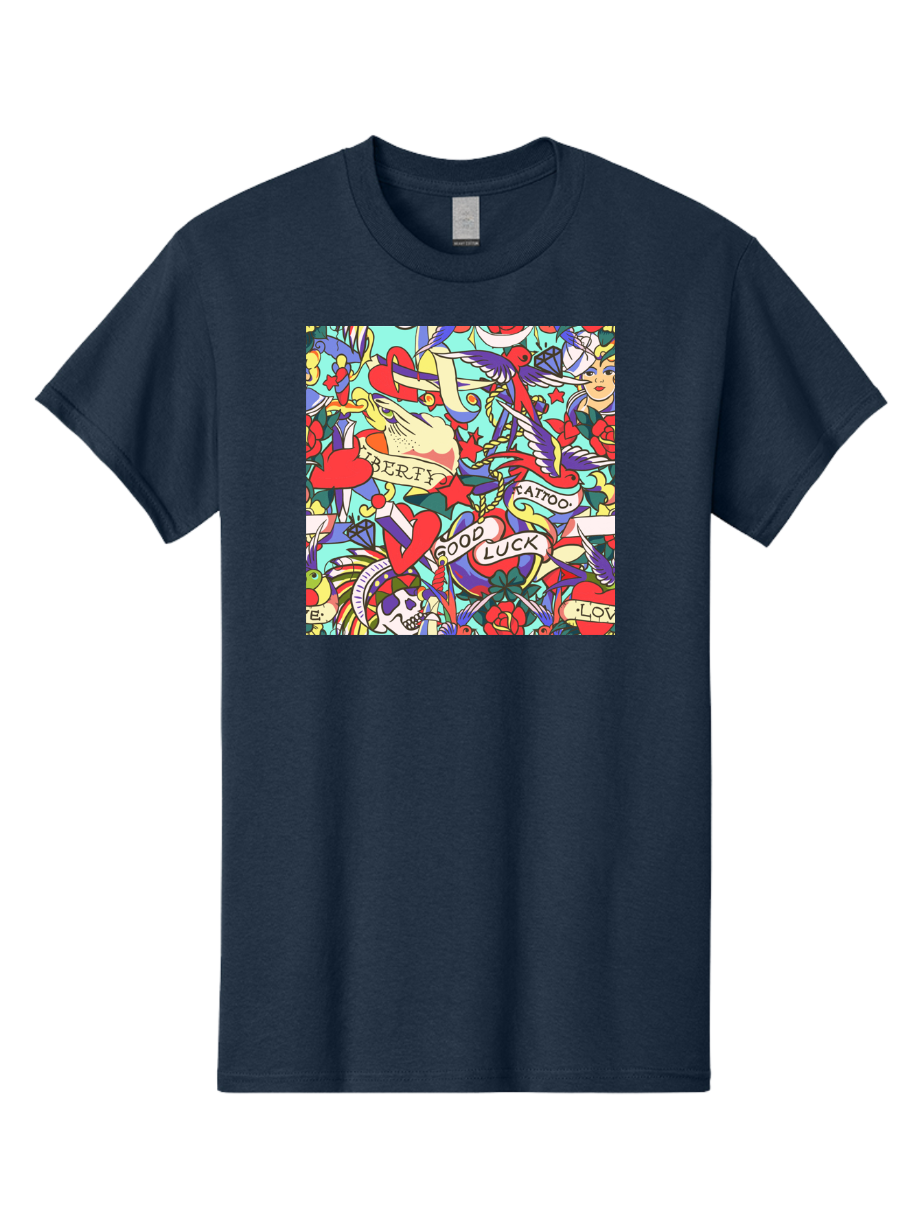 Tattoo-Pattern Men'S Graphic Tee, 100% Cotton, Comfortable Casual Summer Wear, Machine Washable, Vintage Tattoo Designs, Colorful Illustrations, Nautical Symbols, Love Hearts, Doves, Lady Heads, Roses, Skulls, Stars, Feathers, Banners, Aac425 3