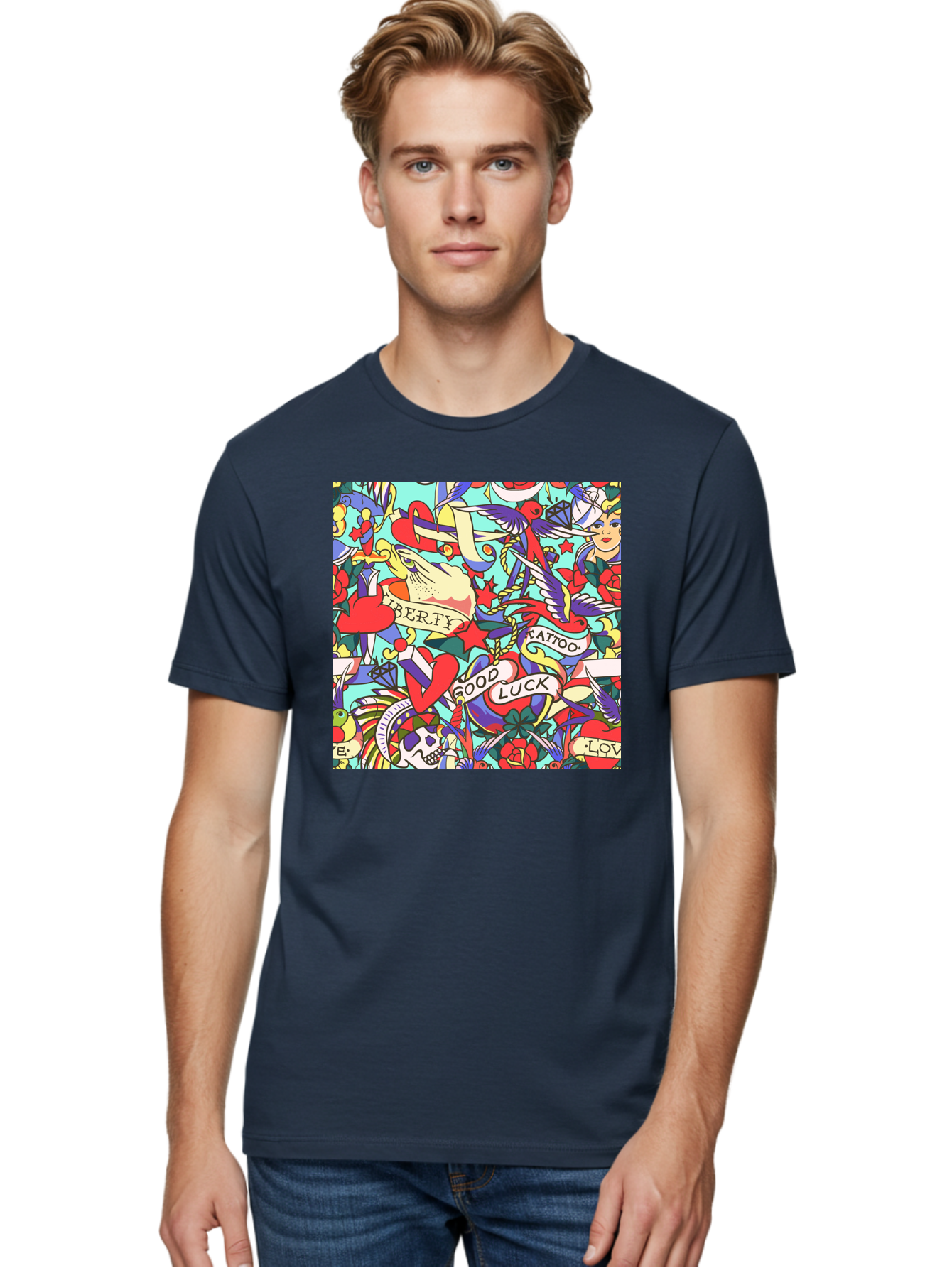 Tattoo-Pattern Men'S Graphic Tee, 100% Cotton, Comfortable Casual Summer Wear, Machine Washable, Vintage Tattoo Designs, Colorful Illustrations, Nautical Symbols, Love Hearts, Doves, Lady Heads, Roses, Skulls, Stars, Feathers, Banners, Aac425 4