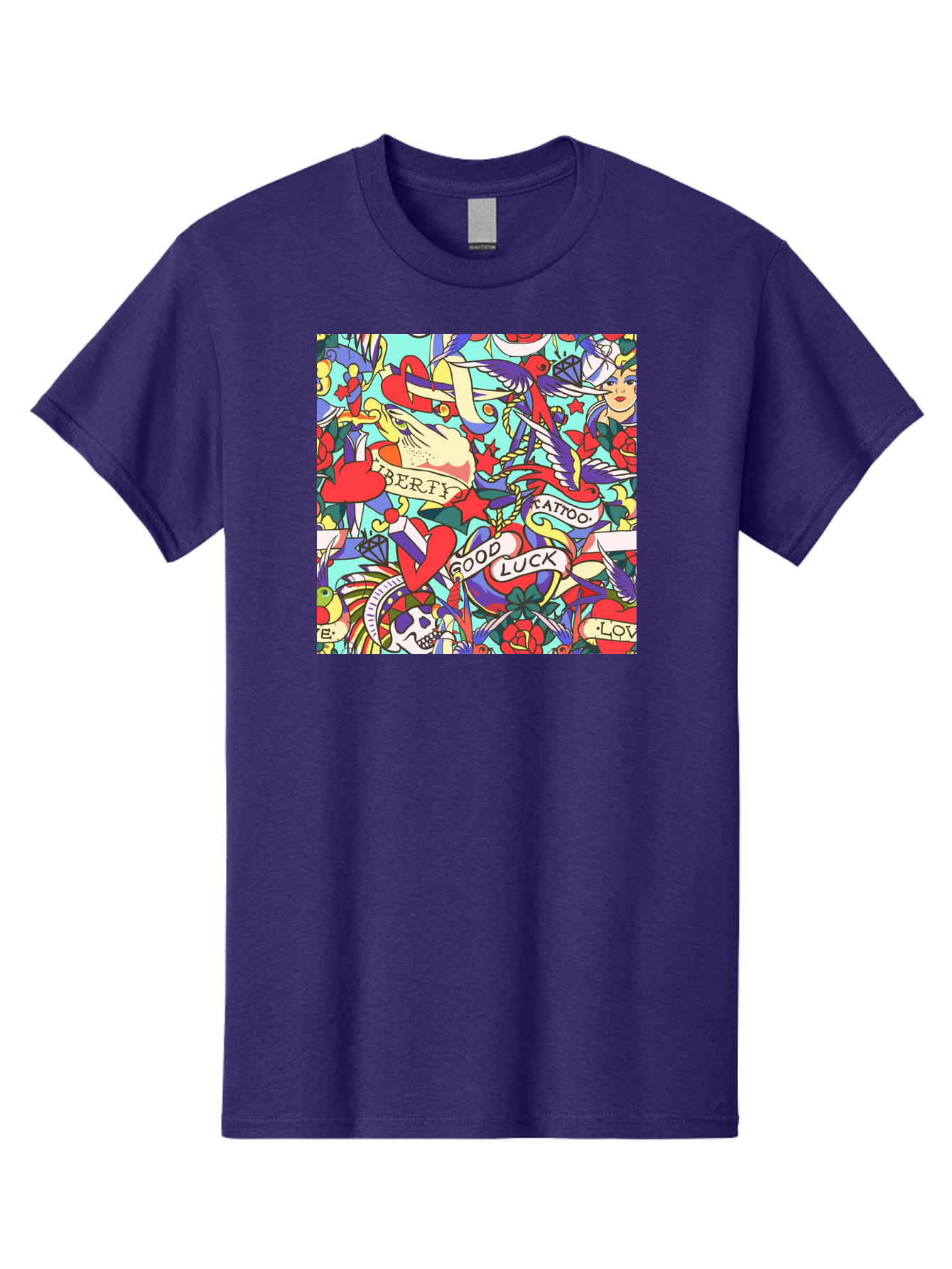 Tattoo-Pattern Men'S Graphic Tee, 100% Cotton, Comfortable Casual Summer Wear, Machine Washable, Vintage Tattoo Designs, Colorful Illustrations, Nautical Symbols, Love Hearts, Doves, Lady Heads, Roses, Skulls, Stars, Feathers, Banners, Aac425 25