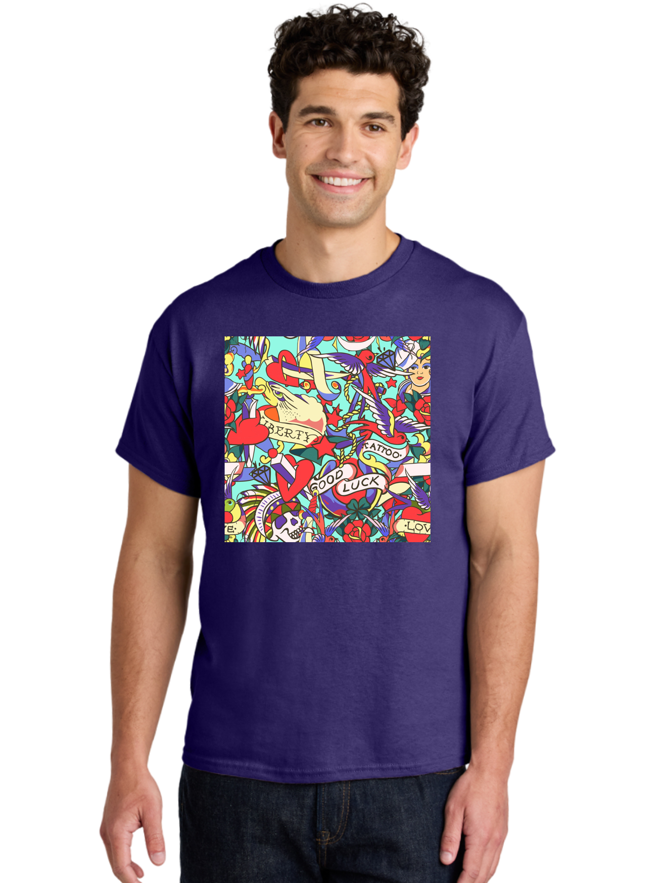 Tattoo-Pattern Men'S Graphic Tee, 100% Cotton, Comfortable Casual Summer Wear, Machine Washable, Vintage Tattoo Designs, Colorful Illustrations, Nautical Symbols, Love Hearts, Doves, Lady Heads, Roses, Skulls, Stars, Feathers, Banners, Aac425 26