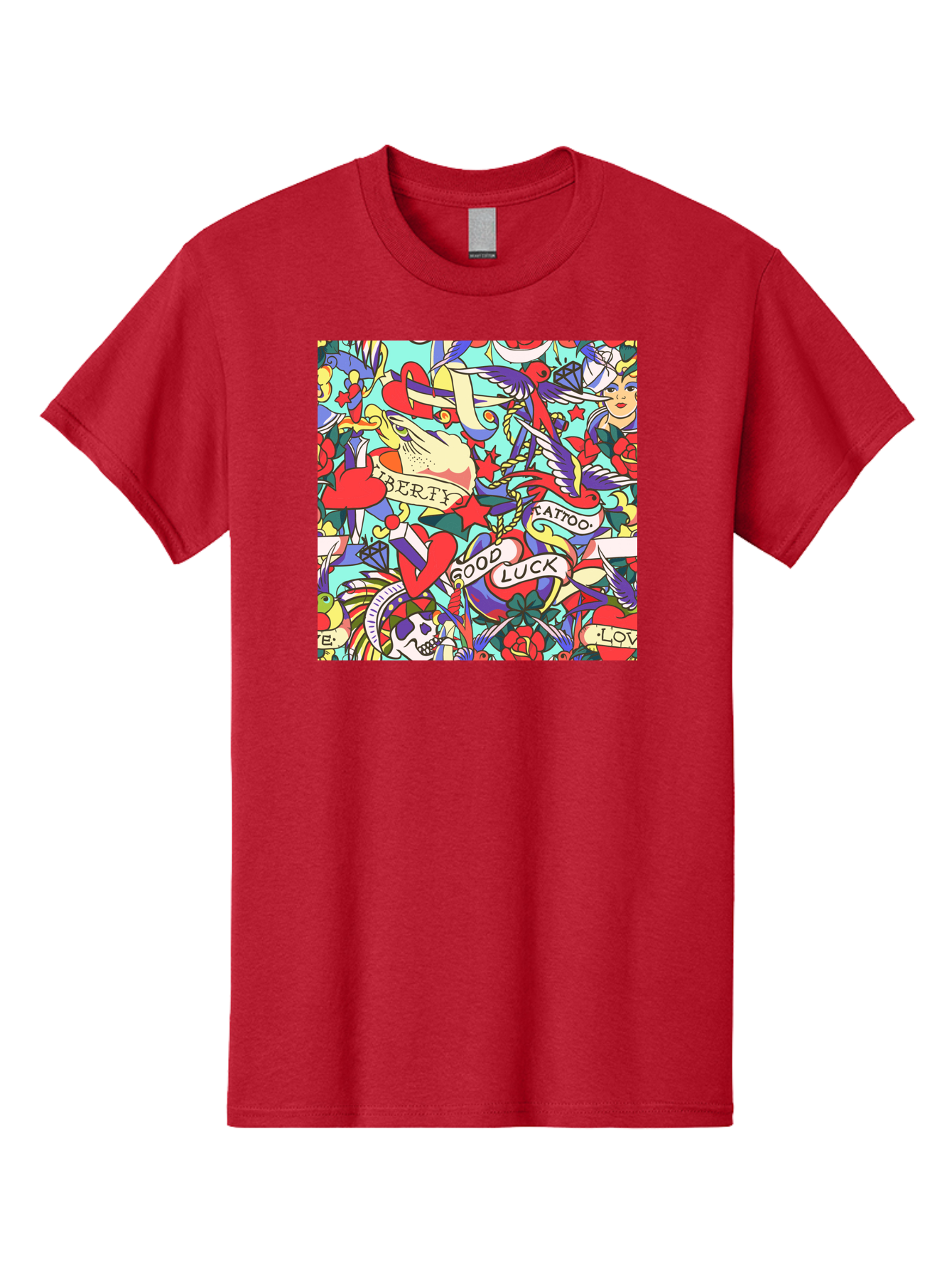 Tattoo-Pattern Men'S Graphic Tee, 100% Cotton, Comfortable Casual Summer Wear, Machine Washable, Vintage Tattoo Designs, Colorful Illustrations, Nautical Symbols, Love Hearts, Doves, Lady Heads, Roses, Skulls, Stars, Feathers, Banners, Aac425 5