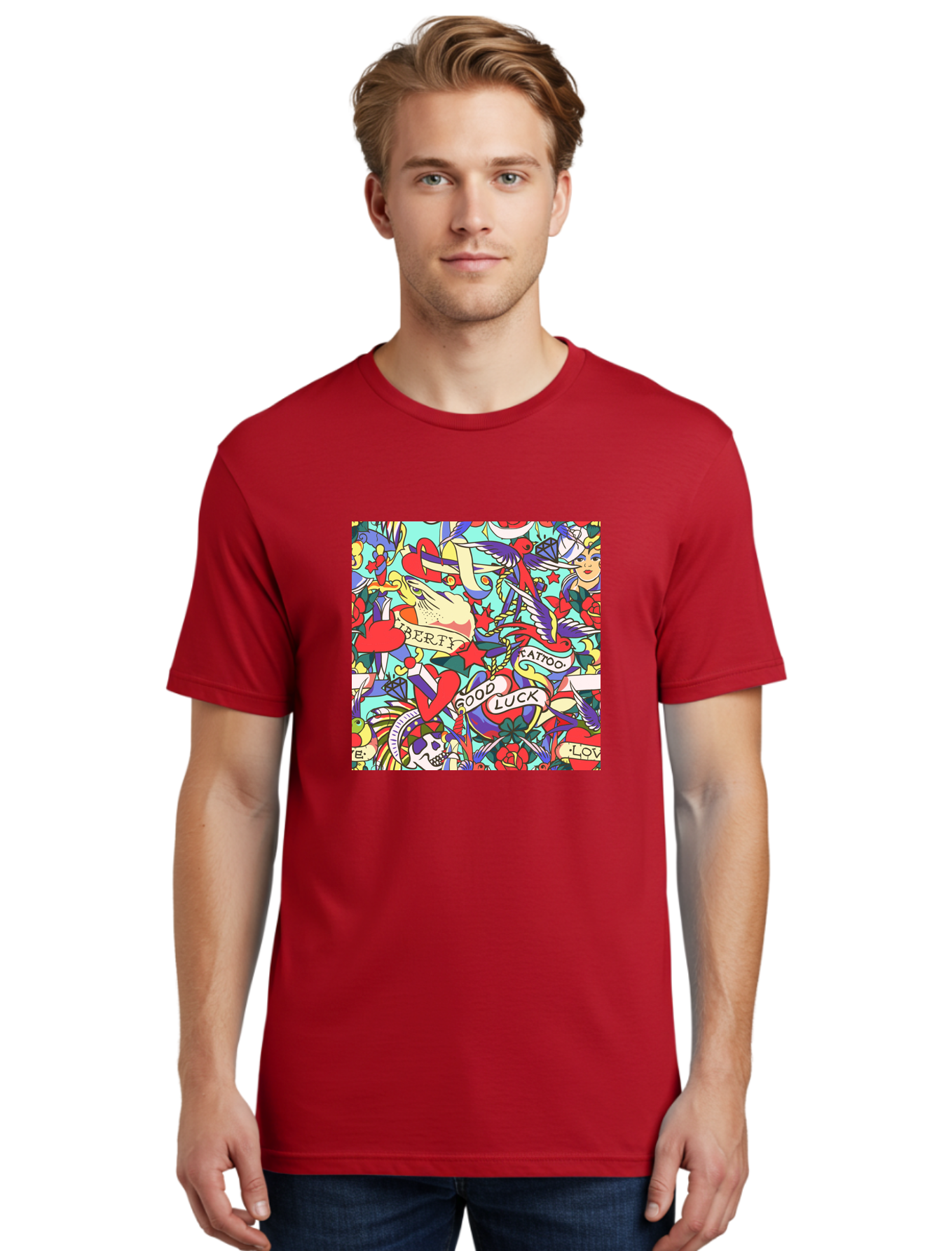 Tattoo-Pattern Men'S Graphic Tee, 100% Cotton, Comfortable Casual Summer Wear, Machine Washable, Vintage Tattoo Designs, Colorful Illustrations, Nautical Symbols, Love Hearts, Doves, Lady Heads, Roses, Skulls, Stars, Feathers, Banners, Aac425 6