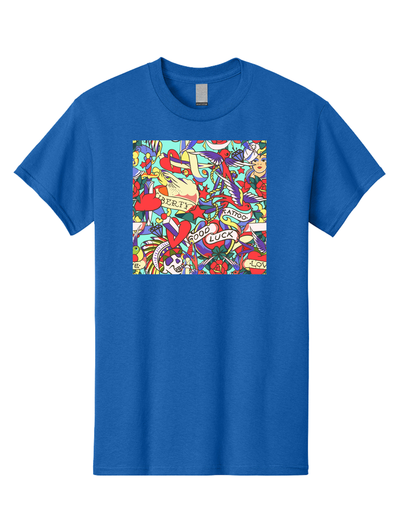 Tattoo-Pattern Men'S Graphic Tee, 100% Cotton, Comfortable Casual Summer Wear, Machine Washable, Vintage Tattoo Designs, Colorful Illustrations, Nautical Symbols, Love Hearts, Doves, Lady Heads, Roses, Skulls, Stars, Feathers, Banners, Aac425 29