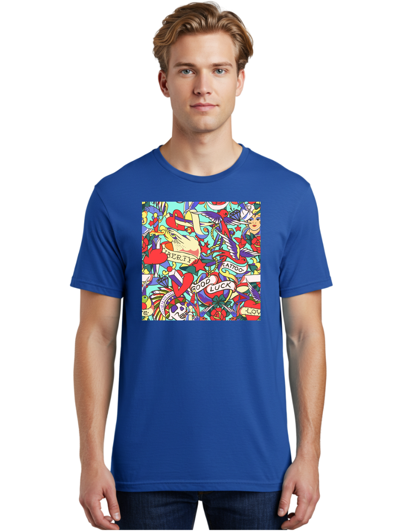 Tattoo-Pattern Men'S Graphic Tee, 100% Cotton, Comfortable Casual Summer Wear, Machine Washable, Vintage Tattoo Designs, Colorful Illustrations, Nautical Symbols, Love Hearts, Doves, Lady Heads, Roses, Skulls, Stars, Feathers, Banners, Aac425 30