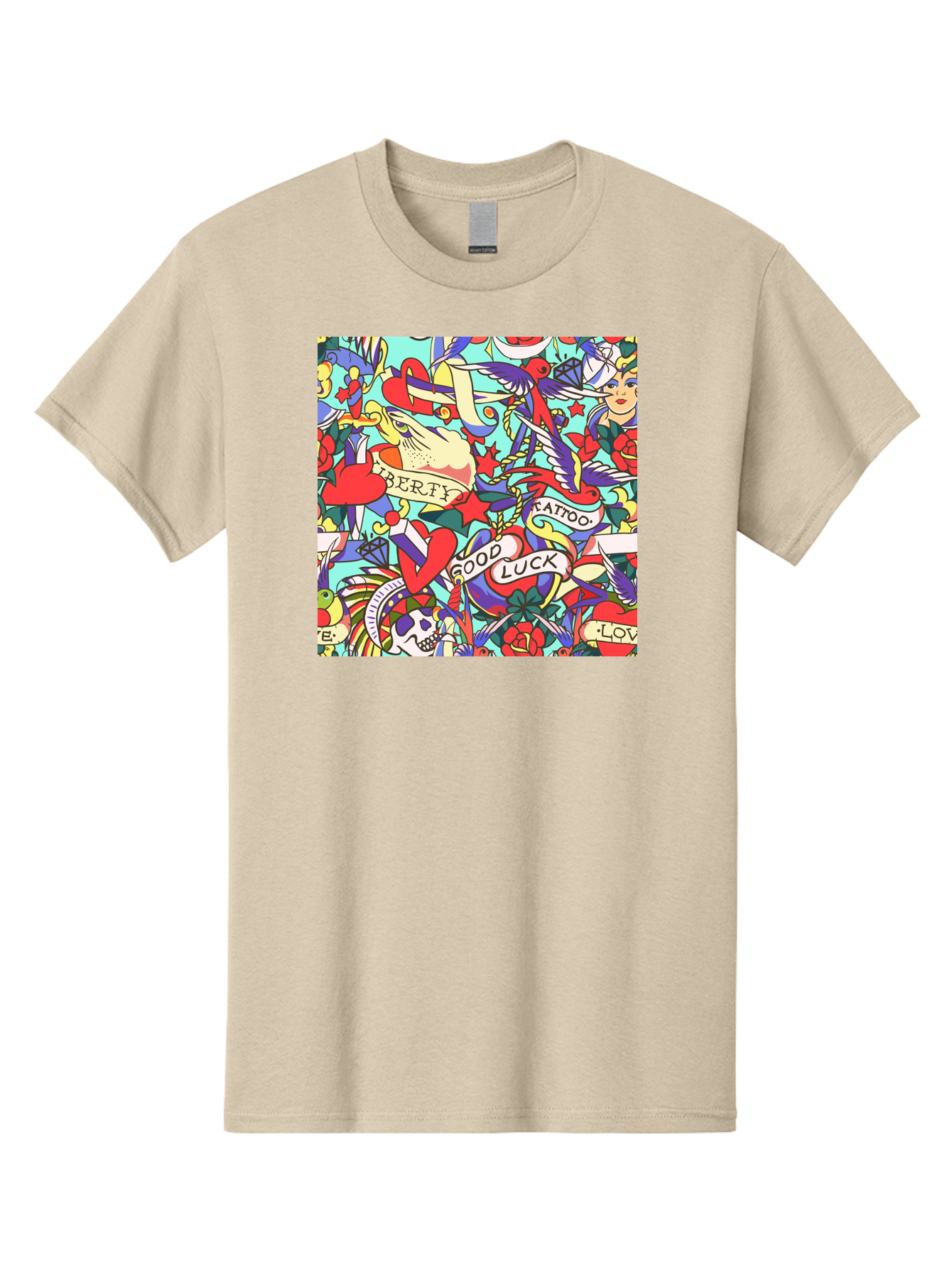 Tattoo-Pattern Men'S Graphic Tee, 100% Cotton, Comfortable Casual Summer Wear, Machine Washable, Vintage Tattoo Designs, Colorful Illustrations, Nautical Symbols, Love Hearts, Doves, Lady Heads, Roses, Skulls, Stars, Feathers, Banners, Aac425 19