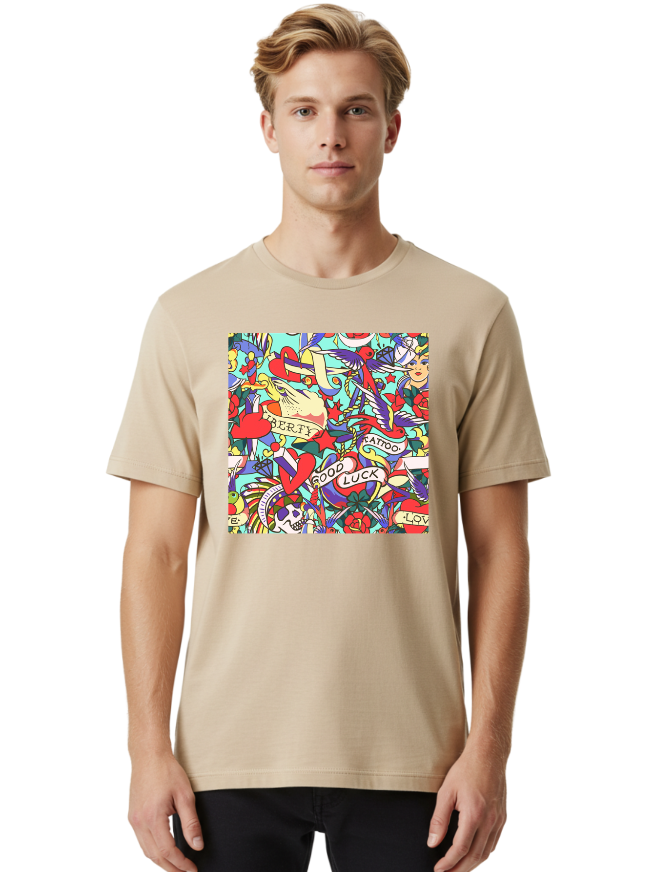 Tattoo-Pattern Men'S Graphic Tee, 100% Cotton, Comfortable Casual Summer Wear, Machine Washable, Vintage Tattoo Designs, Colorful Illustrations, Nautical Symbols, Love Hearts, Doves, Lady Heads, Roses, Skulls, Stars, Feathers, Banners, Aac425 20