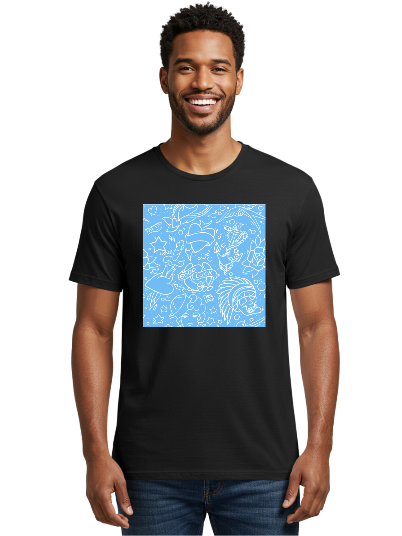 Tattoo Men'S Graphic Tee, 100% Cotton, Comfortable Casual Summer Wear, Machine Washable, Tattoo Designs, Skull Illustrations, Floral Motifs, Star Patterns, Banner Graphics, Ribbon Elements, Whimsical Doodles, Symbolic Imagery, Body Art Aac426 26