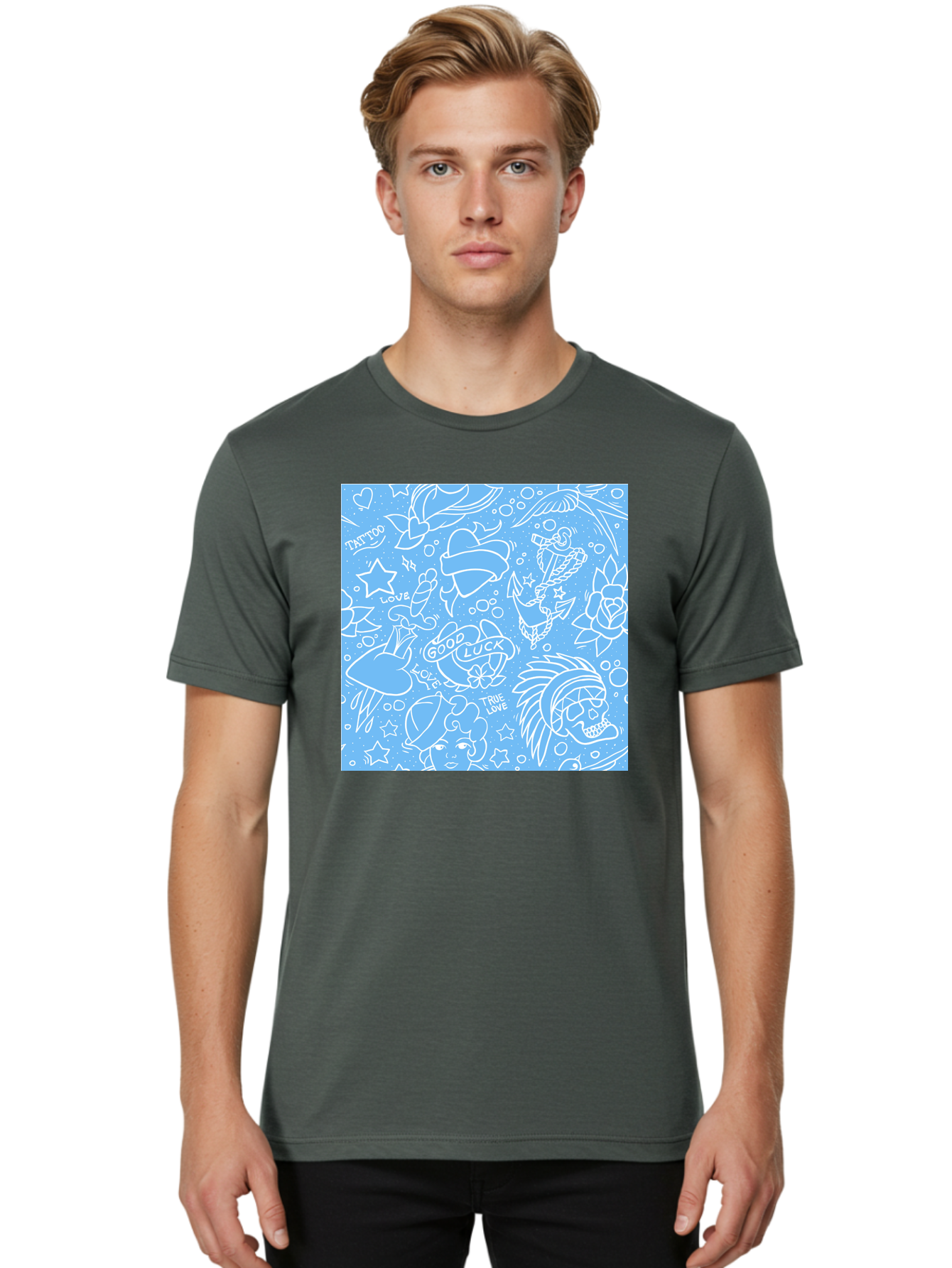 Tattoo Men'S Graphic Tee, 100% Cotton, Comfortable Casual Summer Wear, Machine Washable, Tattoo Designs, Skull Illustrations, Floral Motifs, Star Patterns, Banner Graphics, Ribbon Elements, Whimsical Doodles, Symbolic Imagery, Body Art Aac426 18