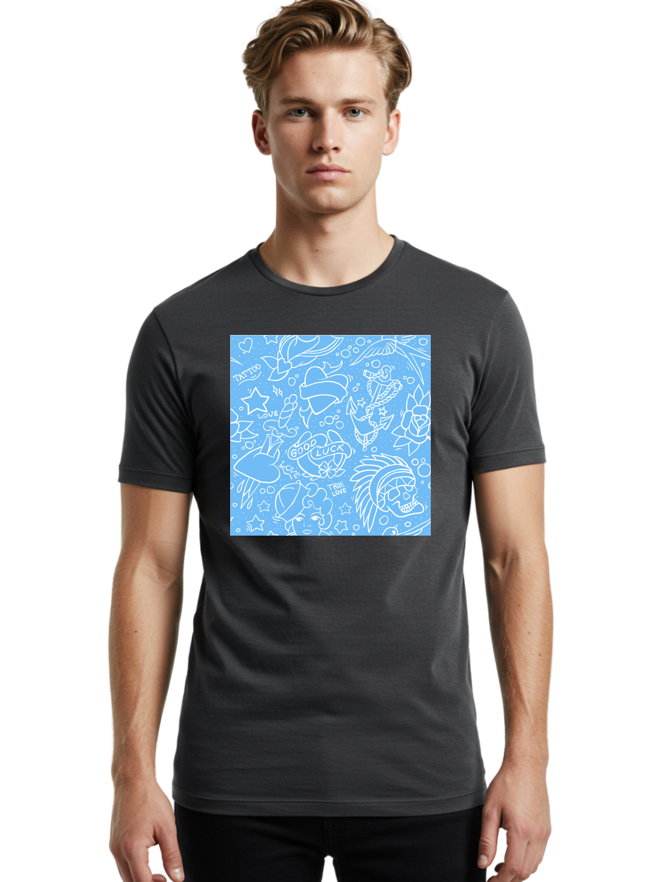 Tattoo Men'S Graphic Tee, 100% Cotton, Comfortable Casual Summer Wear, Machine Washable, Tattoo Designs, Skull Illustrations, Floral Motifs, Star Patterns, Banner Graphics, Ribbon Elements, Whimsical Doodles, Symbolic Imagery, Body Art Aac426 16