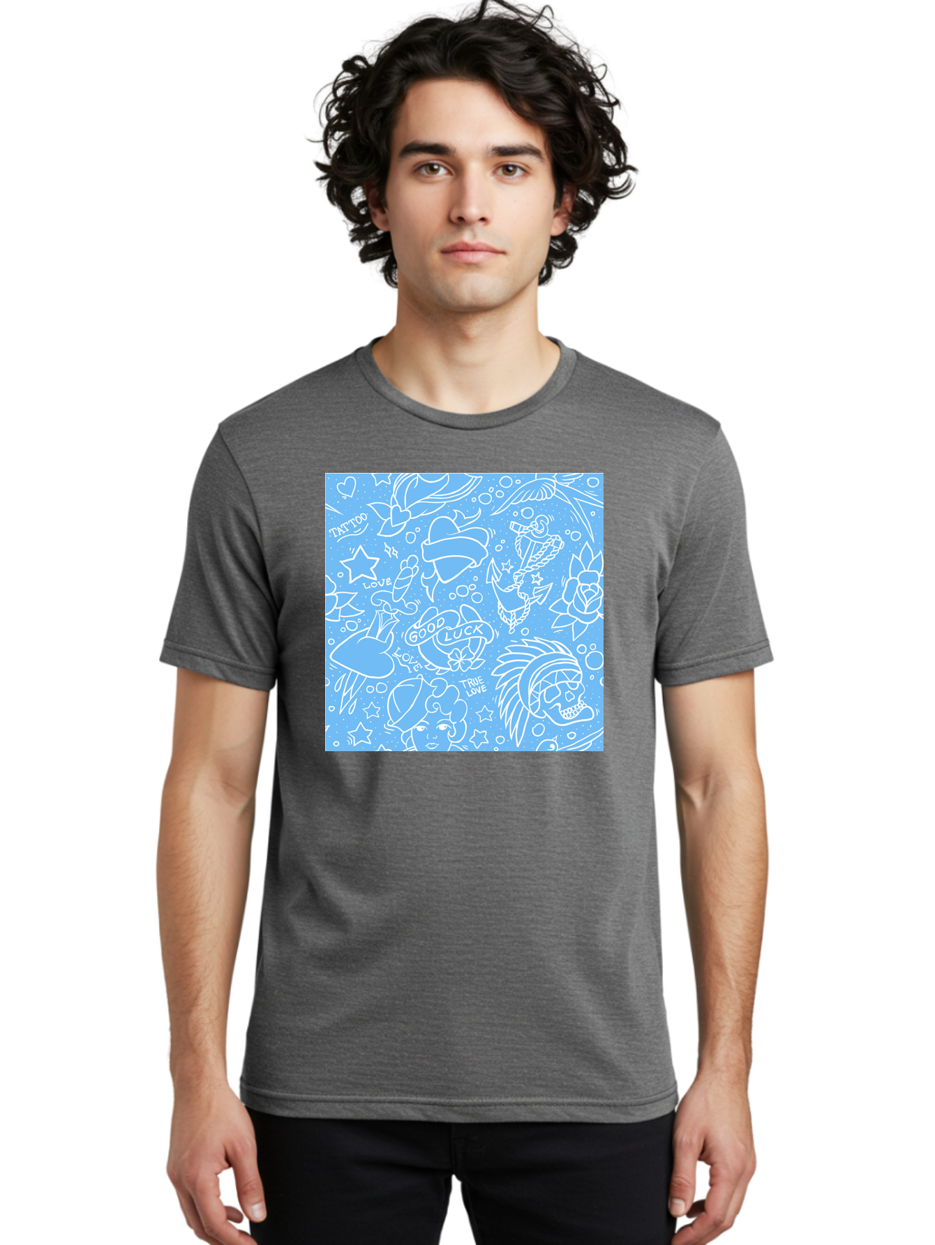 Tattoo Men'S Graphic Tee, 100% Cotton, Comfortable Casual Summer Wear, Machine Washable, Tattoo Designs, Skull Illustrations, Floral Motifs, Star Patterns, Banner Graphics, Ribbon Elements, Whimsical Doodles, Symbolic Imagery, Body Art Aac426 8