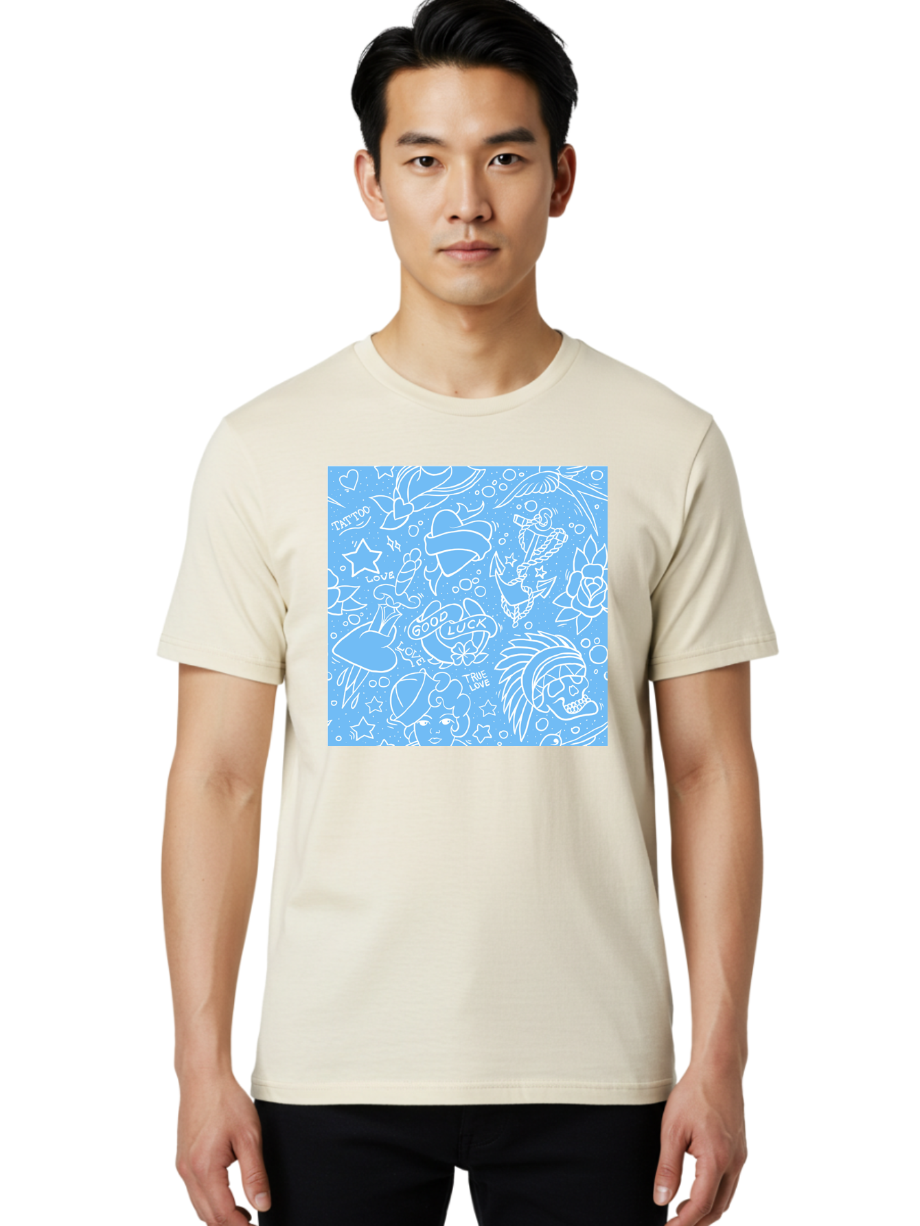 Tattoo Men'S Graphic Tee, 100% Cotton, Comfortable Casual Summer Wear, Machine Washable, Tattoo Designs, Skull Illustrations, Floral Motifs, Star Patterns, Banner Graphics, Ribbon Elements, Whimsical Doodles, Symbolic Imagery, Body Art Aac426 10