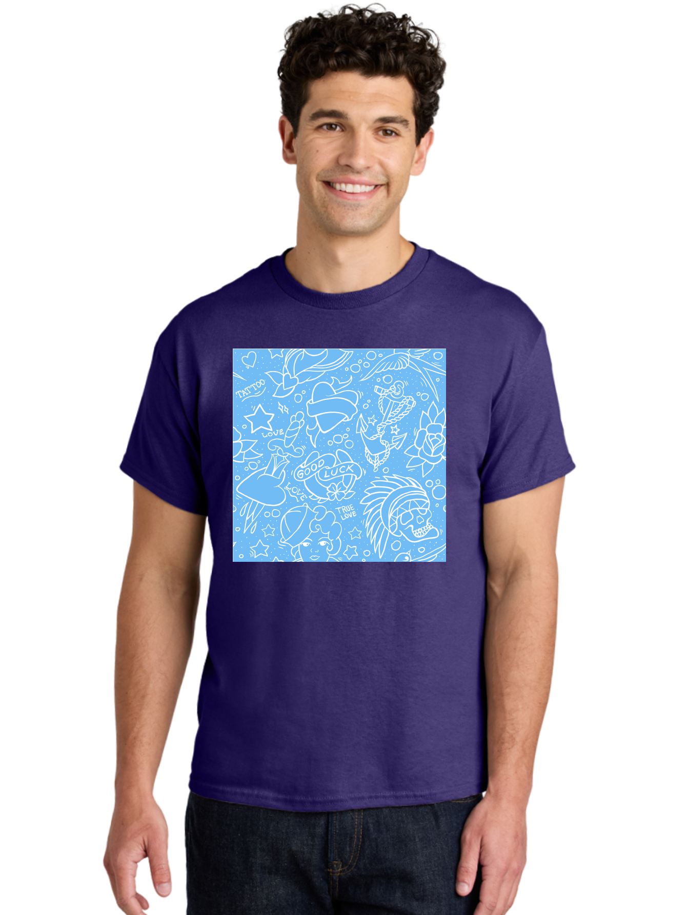 Tattoo Men'S Graphic Tee, 100% Cotton, Comfortable Casual Summer Wear, Machine Washable, Tattoo Designs, Skull Illustrations, Floral Motifs, Star Patterns, Banner Graphics, Ribbon Elements, Whimsical Doodles, Symbolic Imagery, Body Art Aac426 4